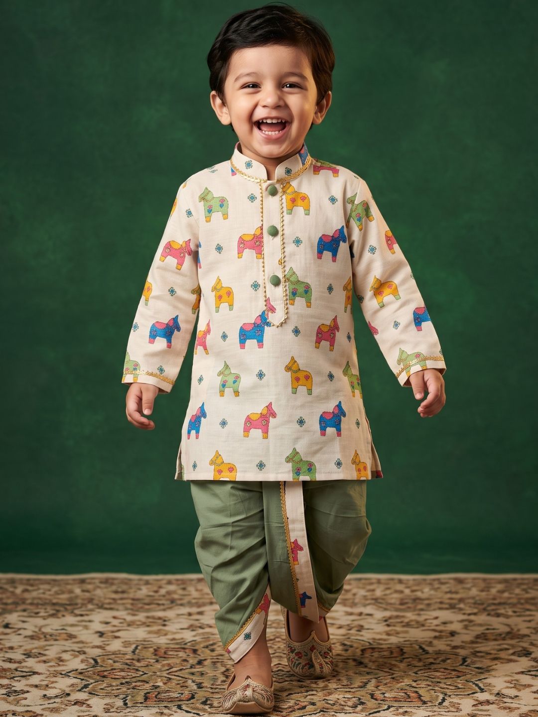 Off White Horse Print Cotton Blend Dhoti Kurta Set For Boys
