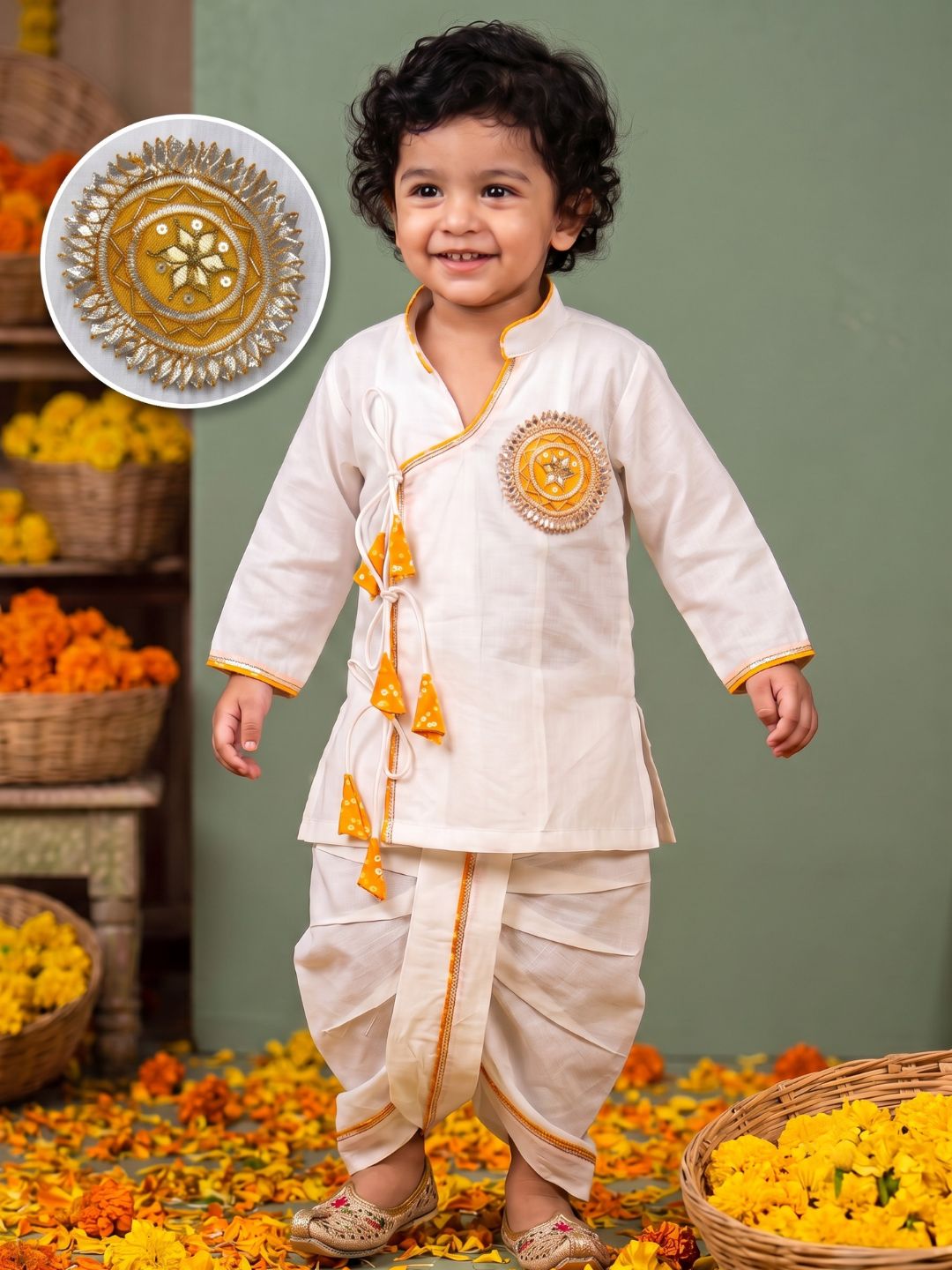 White & Mustard Solid Cotton Angarkha Dhoti Kurta Set For Boys