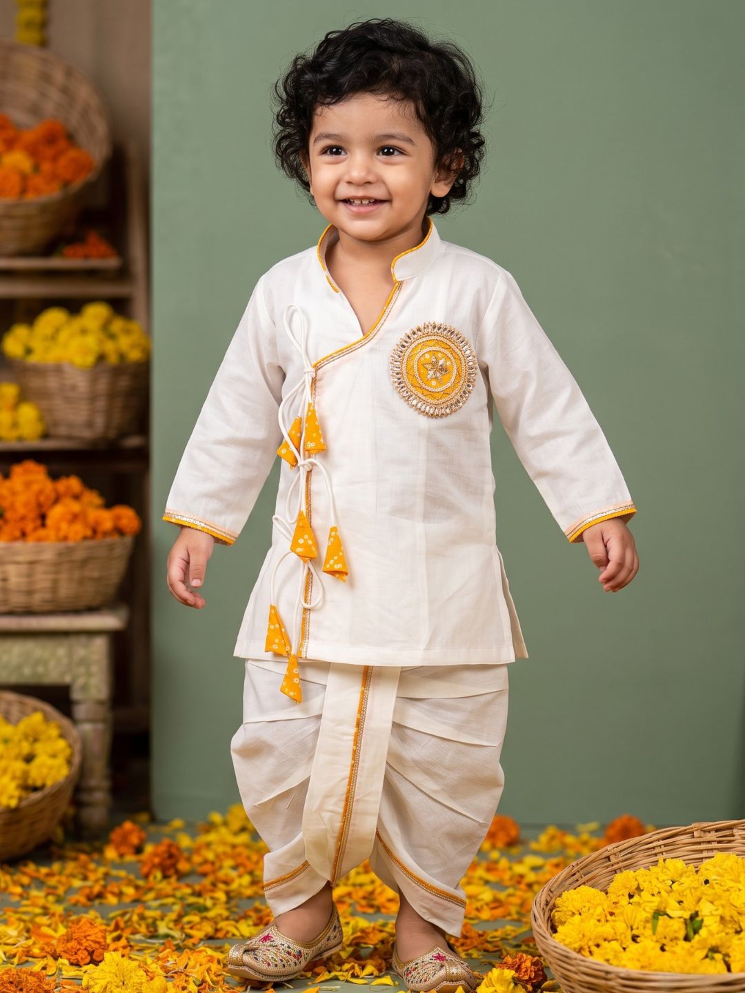 White & Mustard Solid Cotton Angarkha Dhoti Kurta Set For Boys