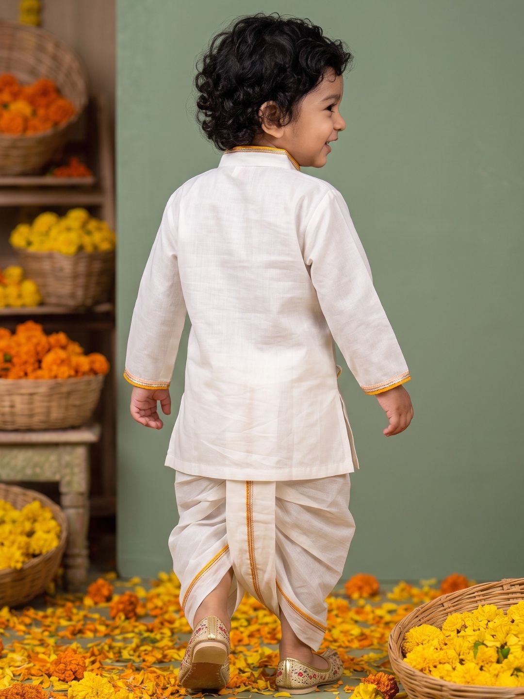 White & Mustard Solid Cotton Angarkha Dhoti Kurta Set For Boys