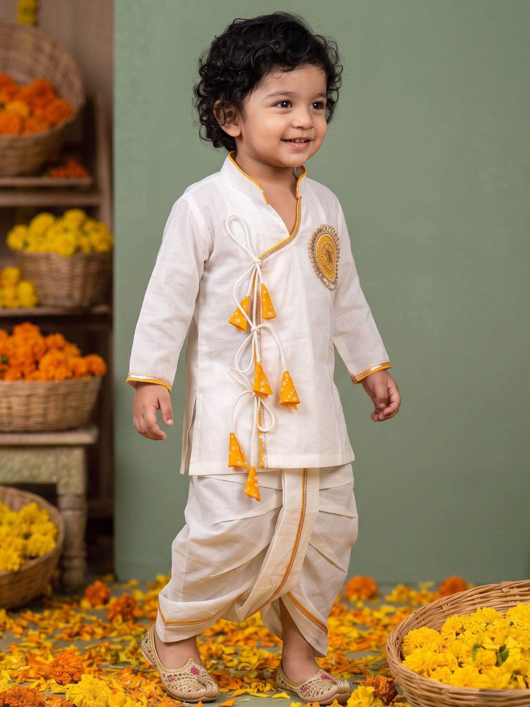 White & Mustard Solid Cotton Angarkha Dhoti Kurta Set For Boys
