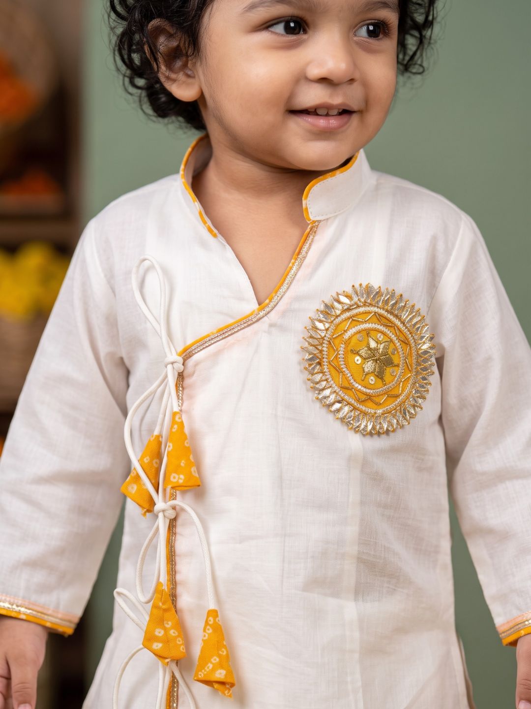 White & Mustard Solid Cotton Angarkha Dhoti Kurta Set For Boys