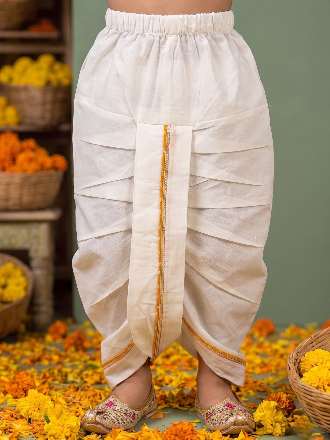 White & Mustard Solid Cotton Angarkha Dhoti Kurta Set For Boys
