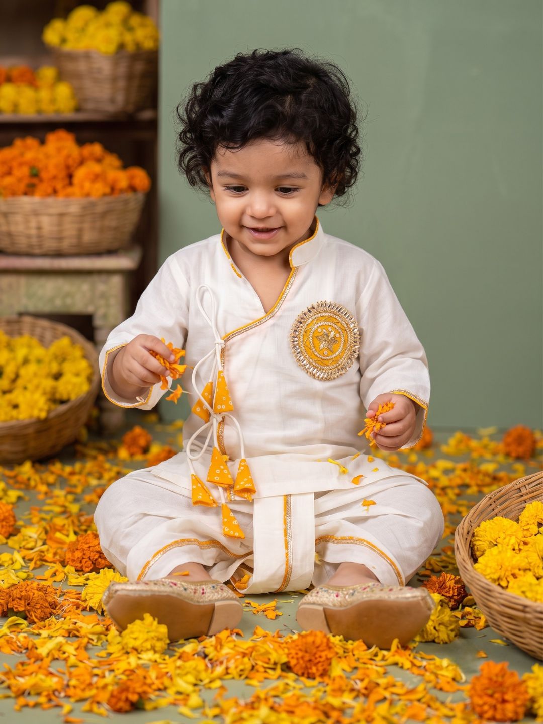 White & Mustard Solid Cotton Angarkha Dhoti Kurta Set For Boys