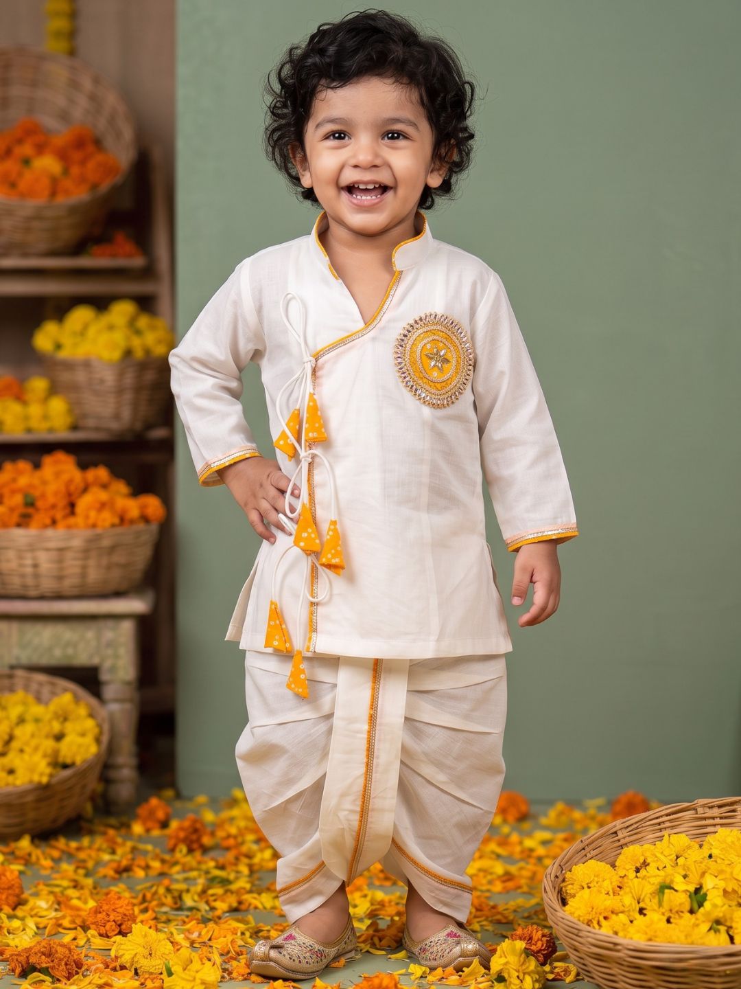 White & Mustard Solid Cotton Angarkha Dhoti Kurta Set For Boys