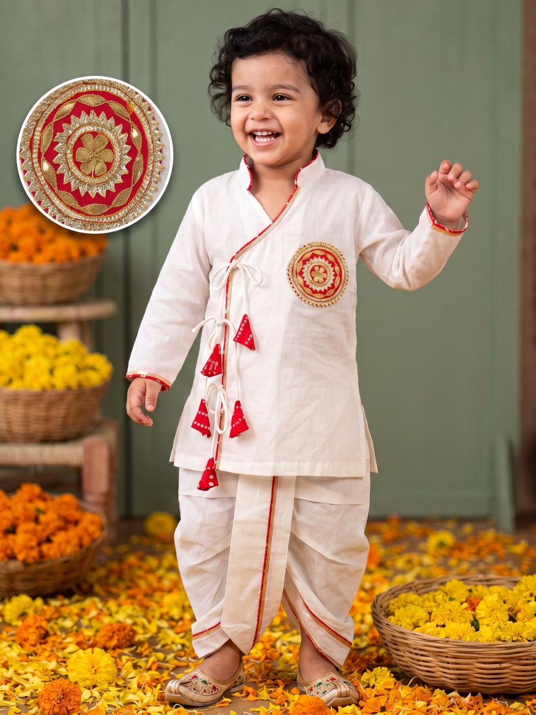 White & Red Solid Cotton Angarkha Dhoti Kurta Set For Boys