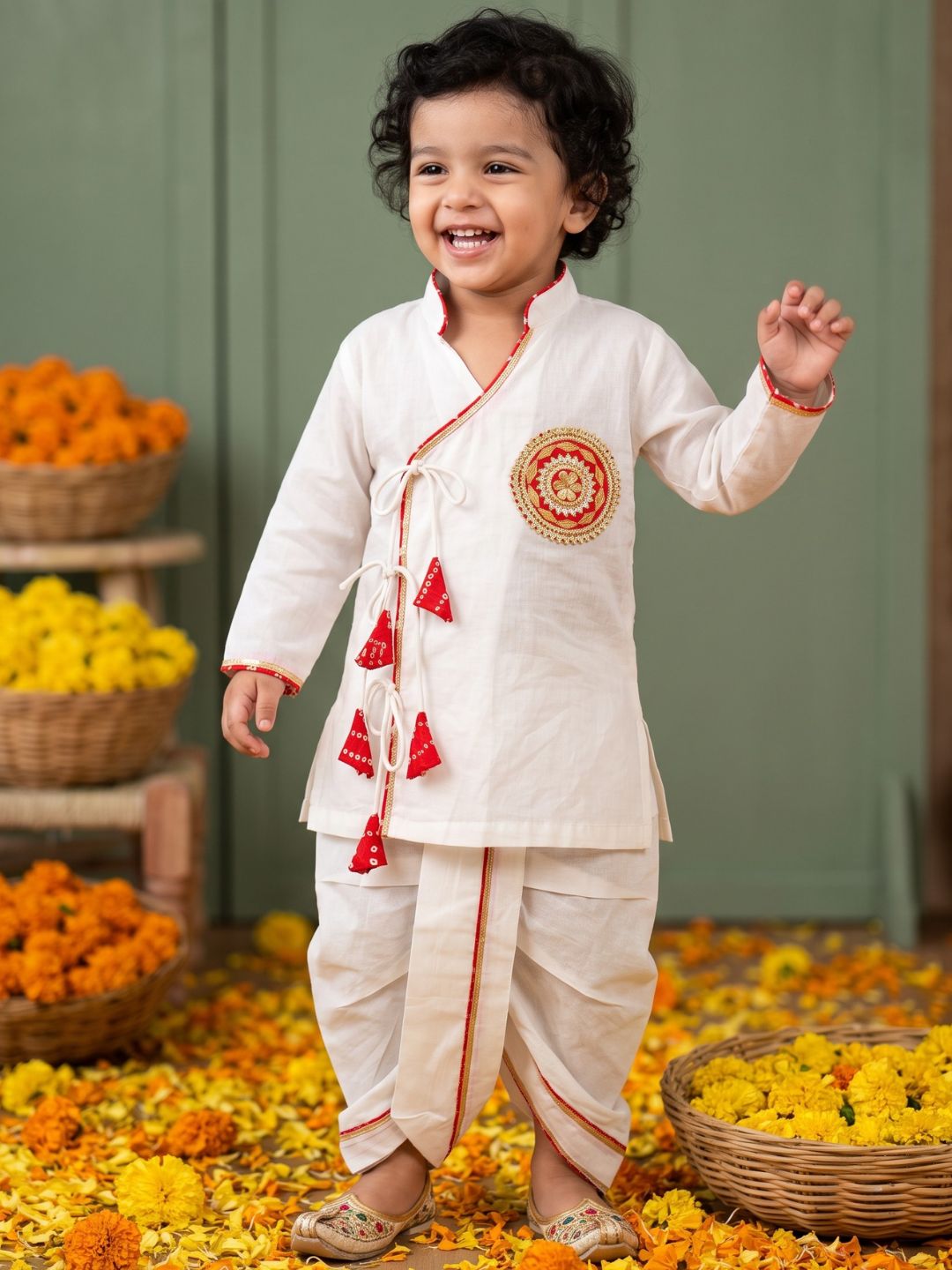 White & Red Solid Cotton Angarkha Dhoti Kurta Set For Boys