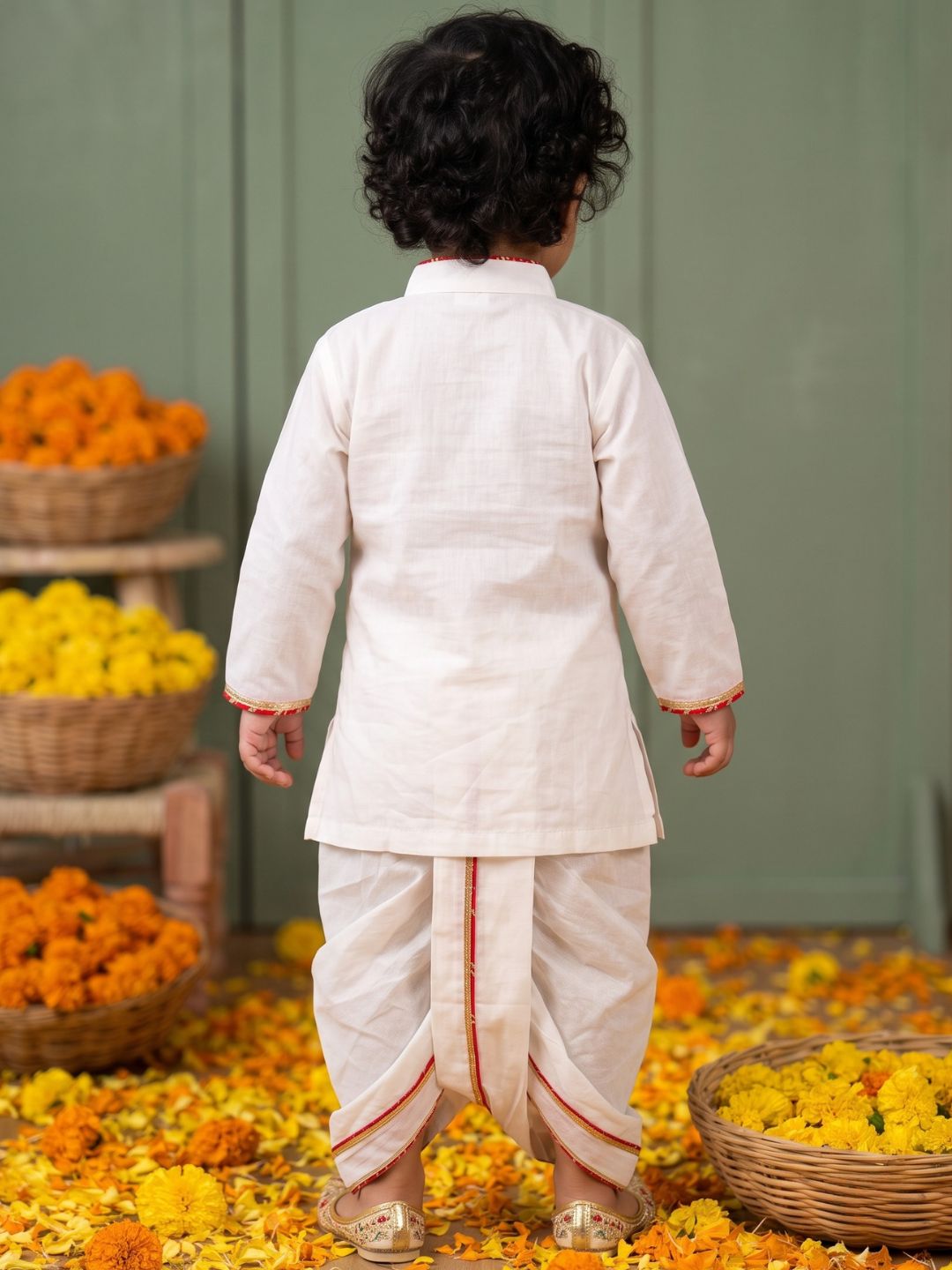 White & Red Solid Cotton Angarkha Dhoti Kurta Set For Boys