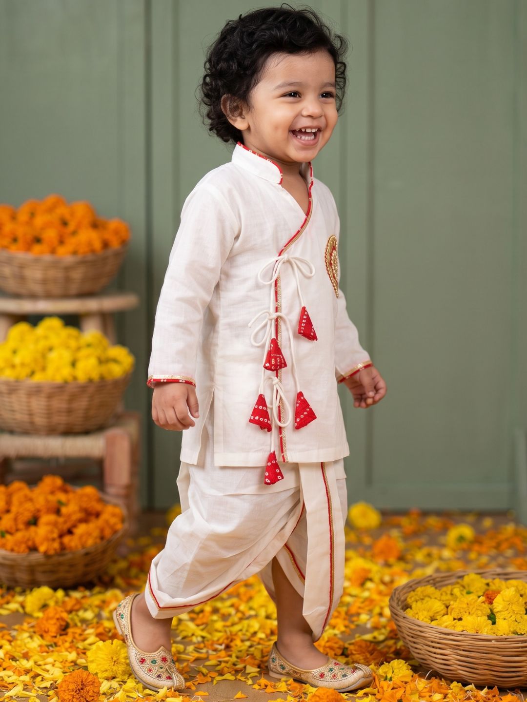 White & Red Solid Cotton Angarkha Dhoti Kurta Set For Boys