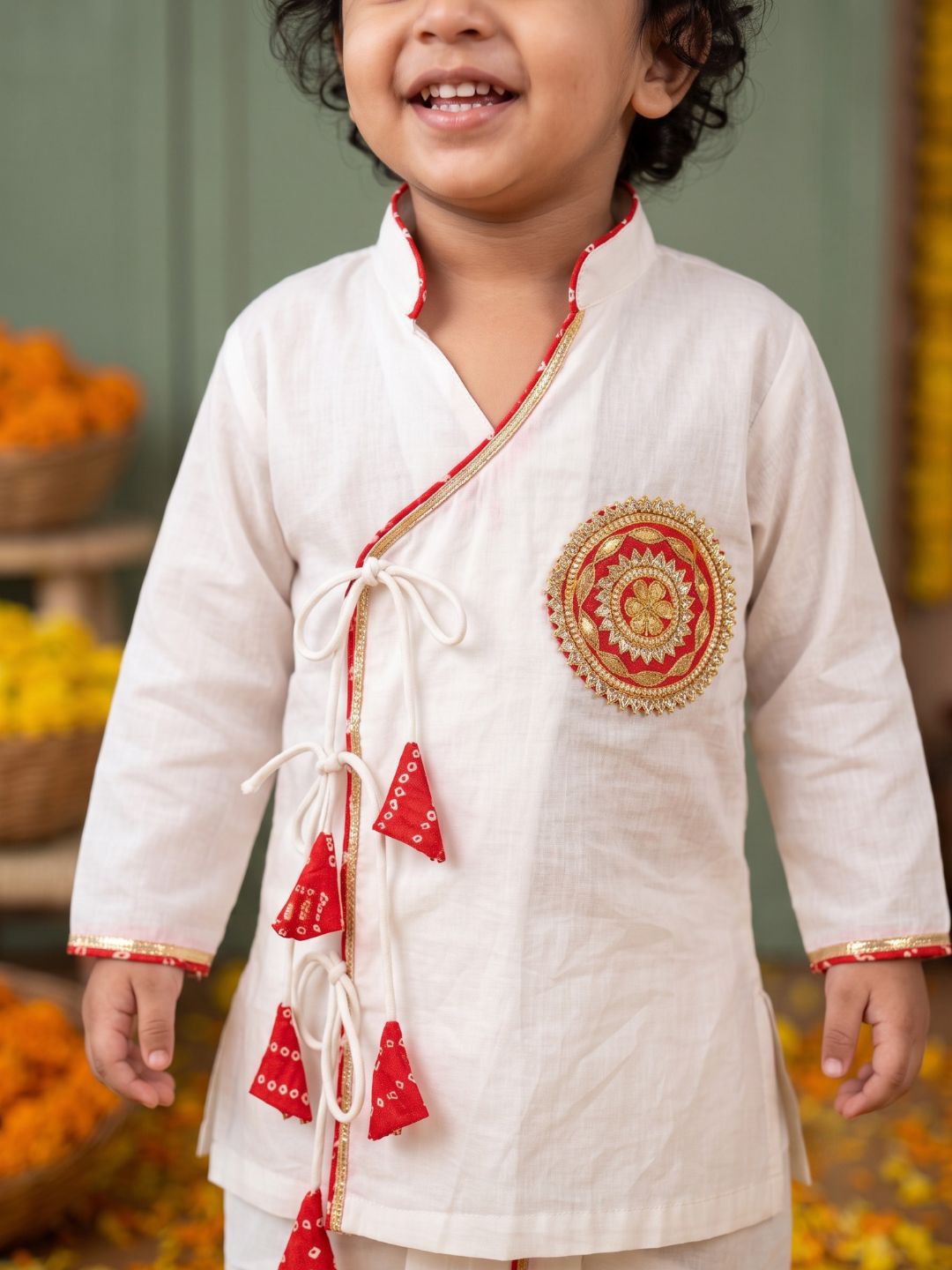 White & Red Solid Cotton Angarkha Dhoti Kurta Set For Boys