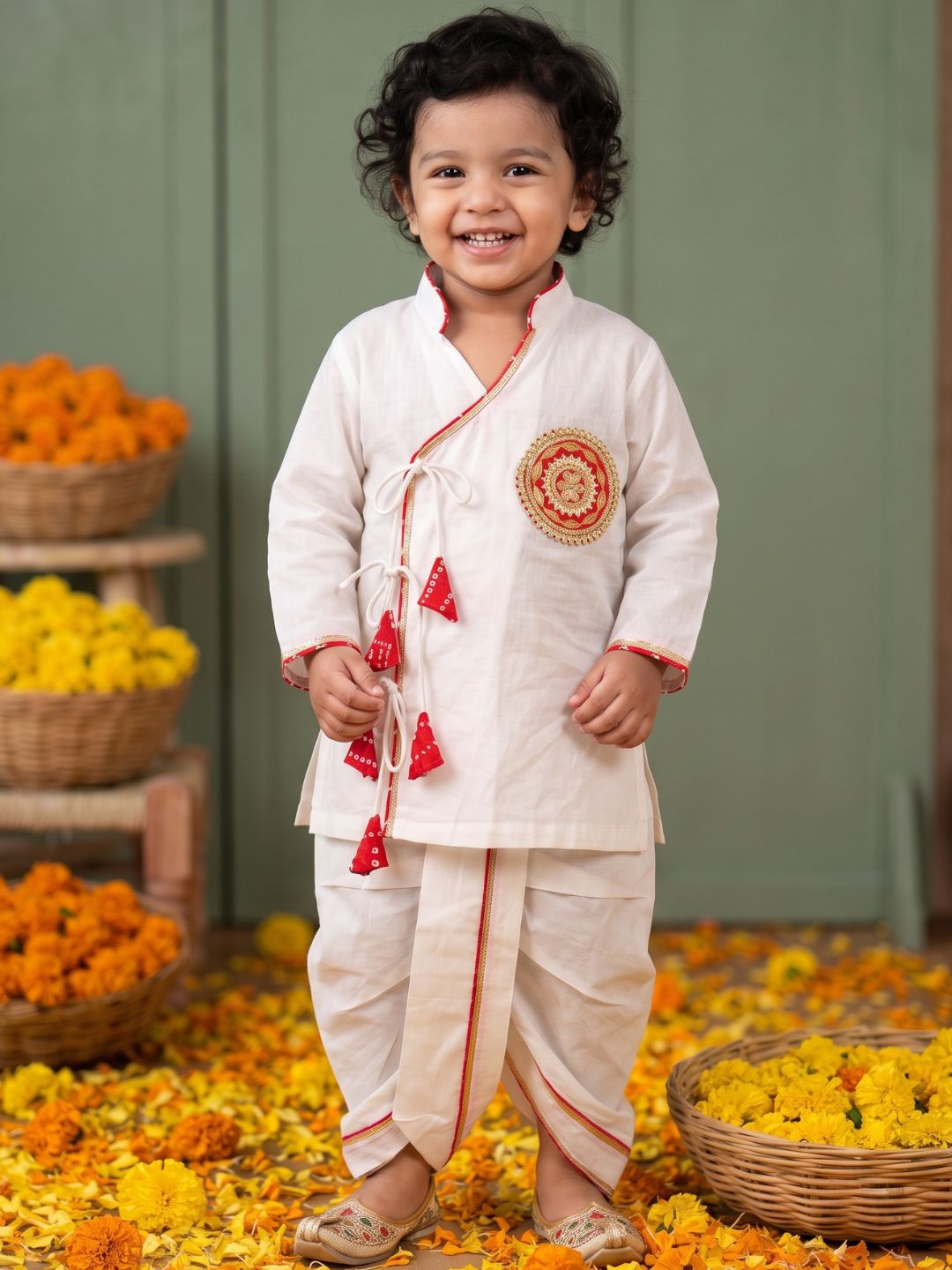 White & Red Solid Cotton Angarkha Dhoti Kurta Set For Boys