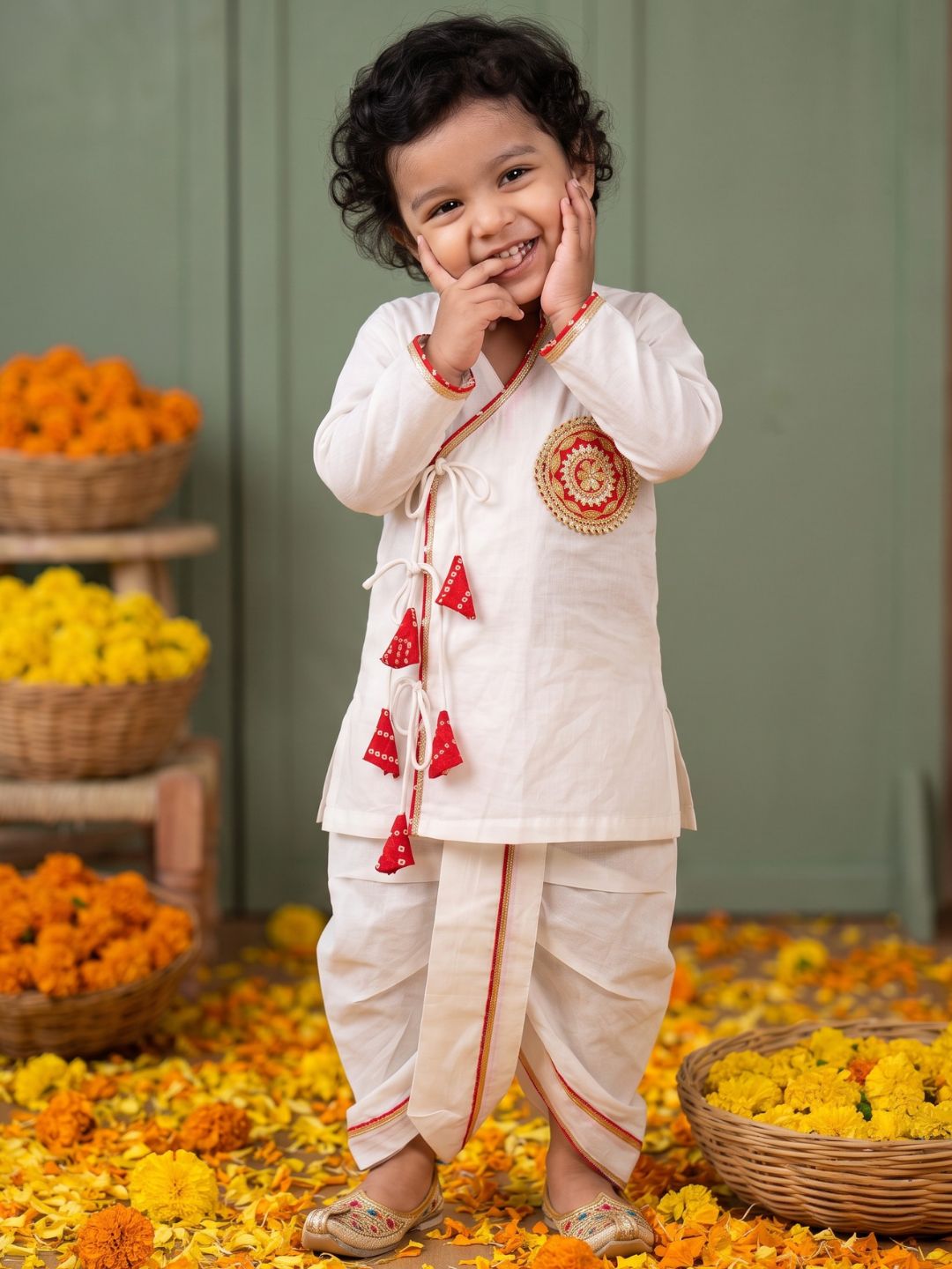 White & Red Solid Cotton Angarkha Dhoti Kurta Set For Boys