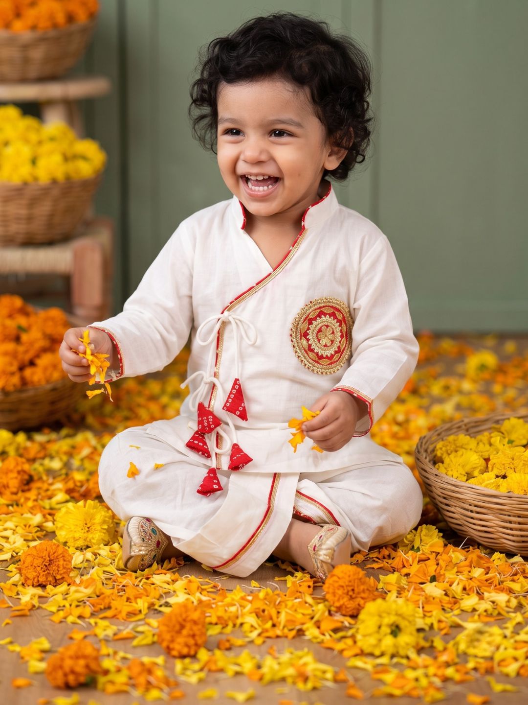 White & Red Solid Cotton Angarkha Dhoti Kurta Set For Boys