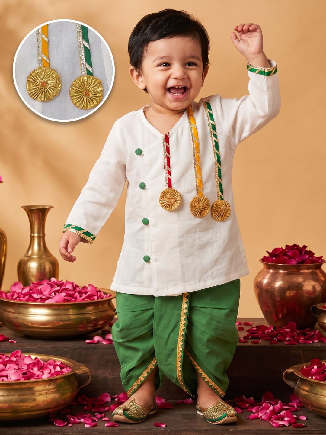 White & Green Solid Cotton Angarkha Dhoti Kurta Set For Boys