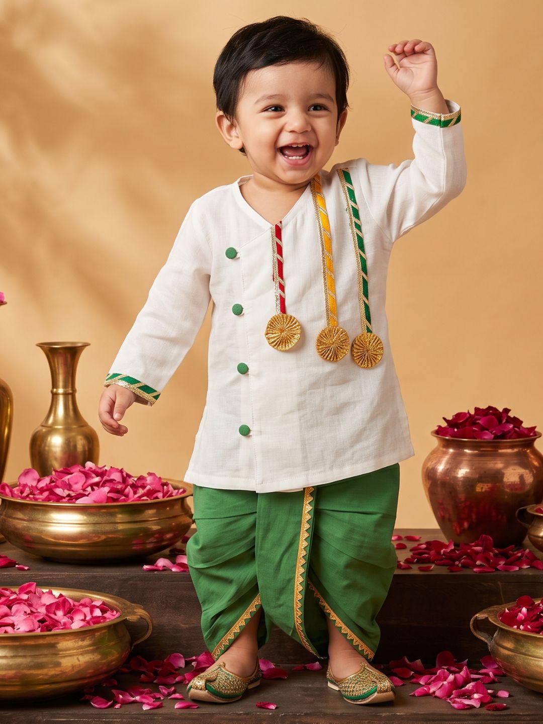 White & Green Solid Cotton Angarkha Dhoti Kurta Set For Boys
