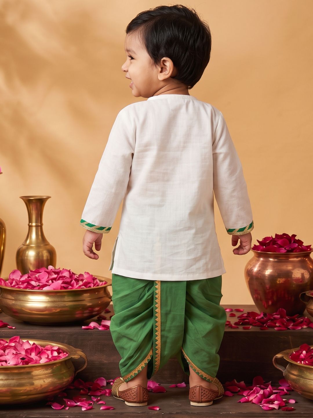 White & Green Solid Cotton Angarkha Dhoti Kurta Set For Boys