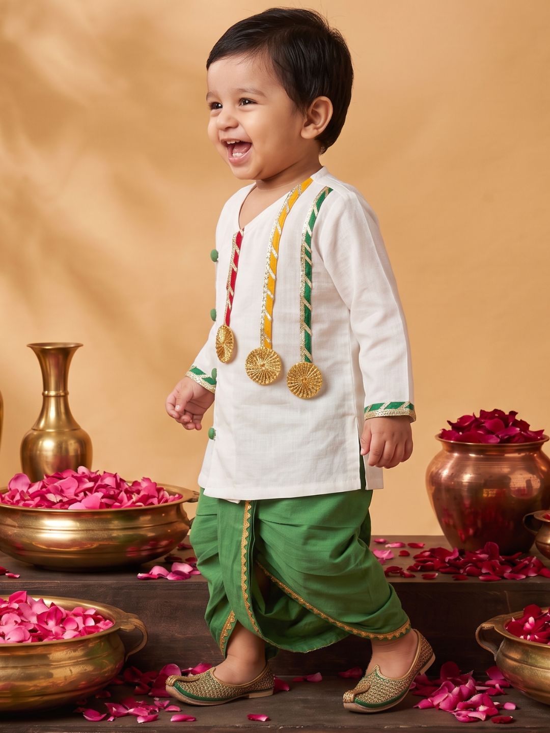 White & Green Solid Cotton Angarkha Dhoti Kurta Set For Boys