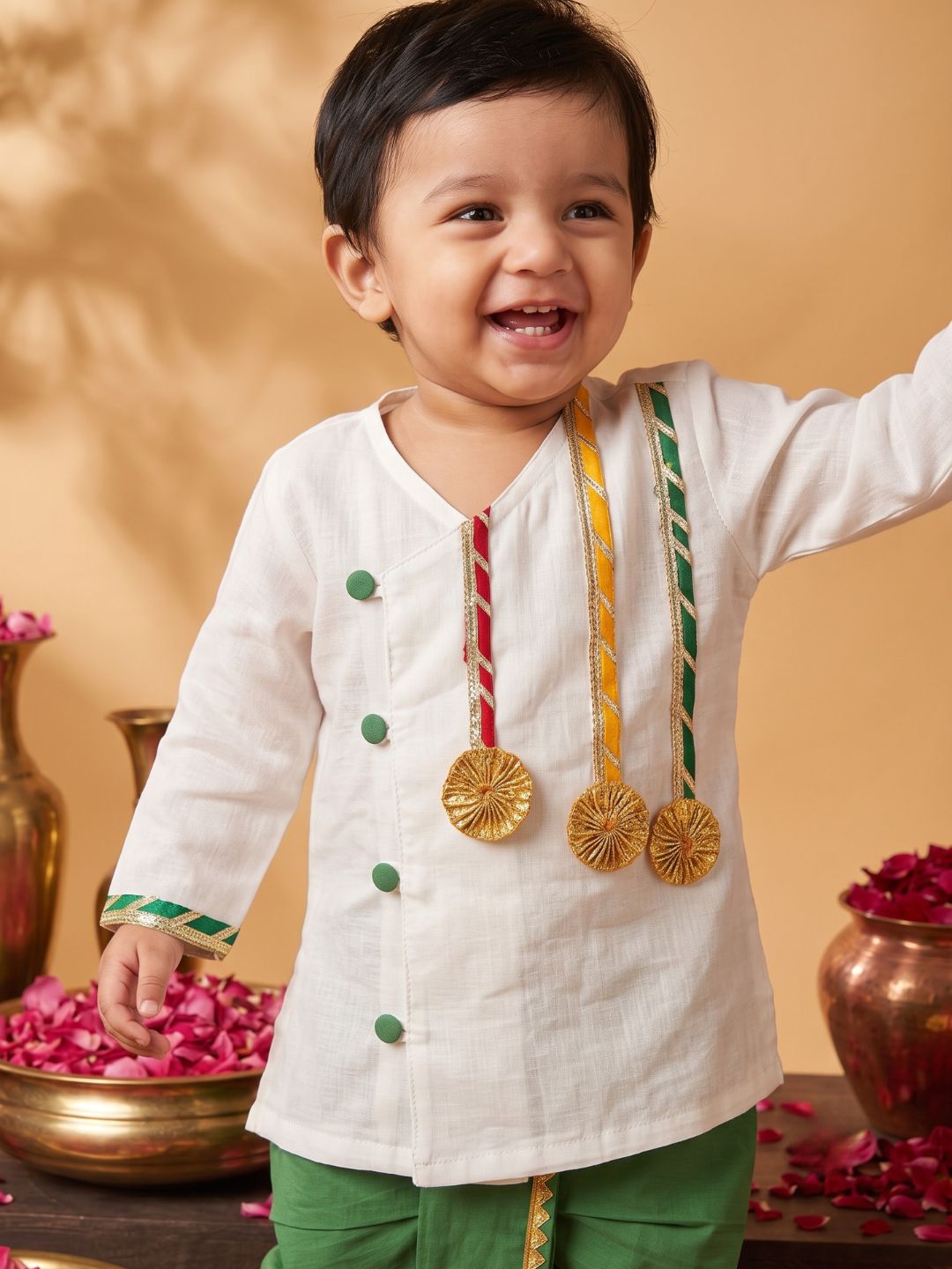 White & Green Solid Cotton Angarkha Dhoti Kurta Set For Boys