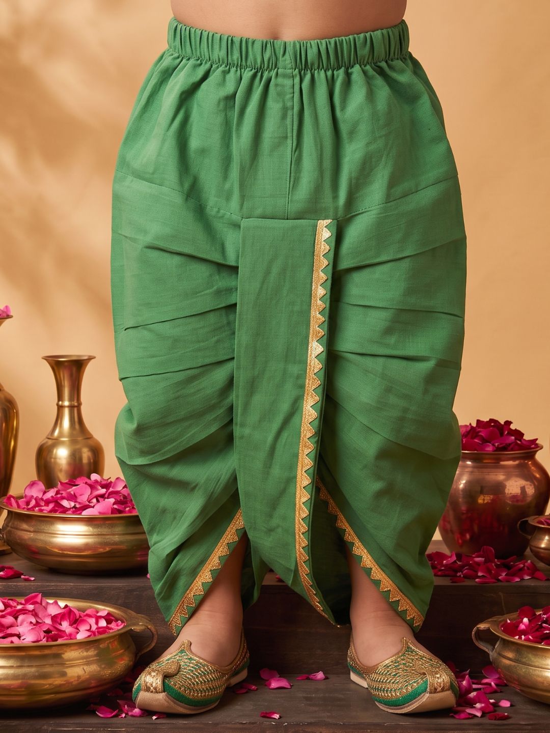 White & Green Solid Cotton Angarkha Dhoti Kurta Set For Boys