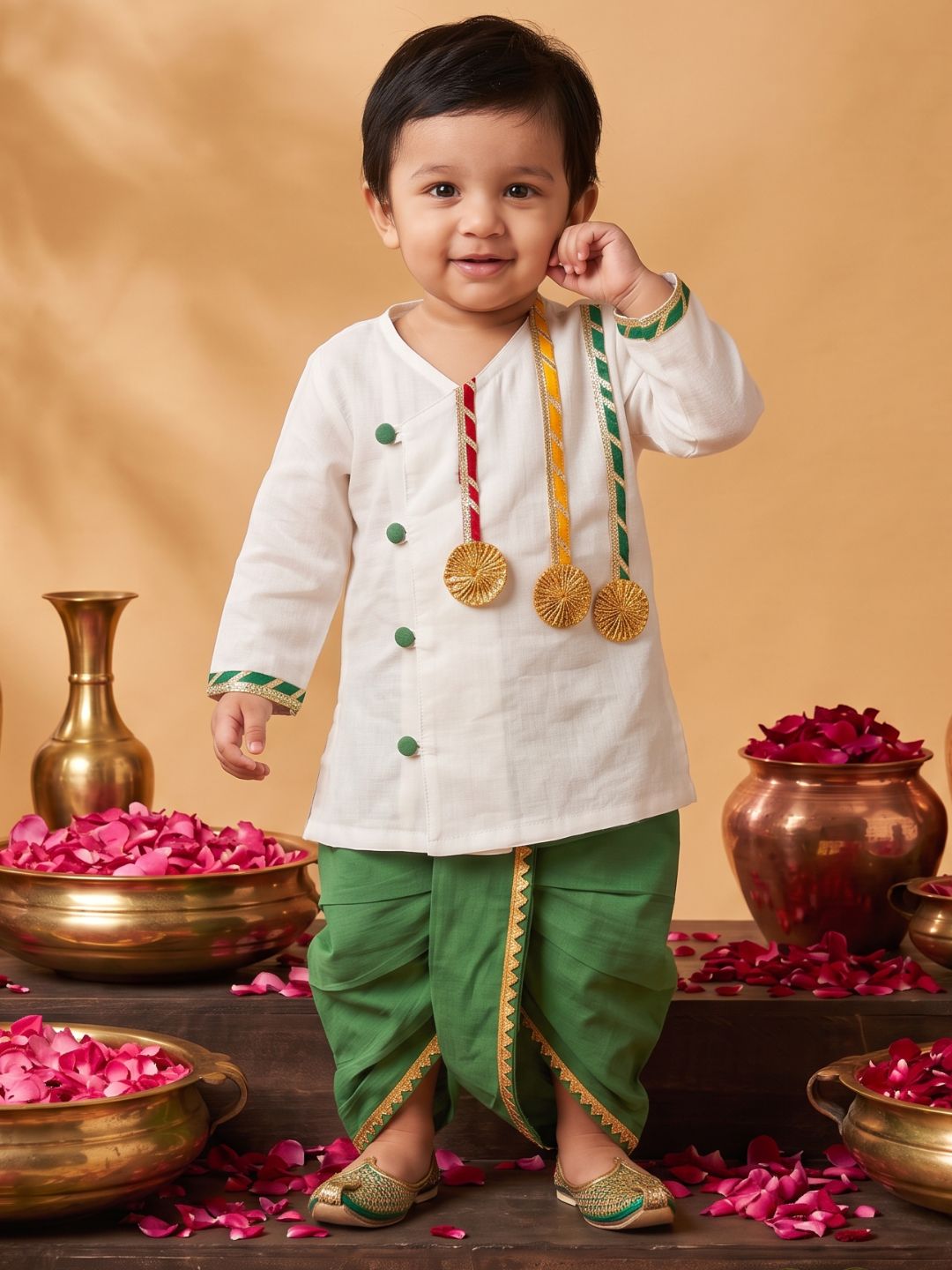 White & Green Solid Cotton Angarkha Dhoti Kurta Set For Boys