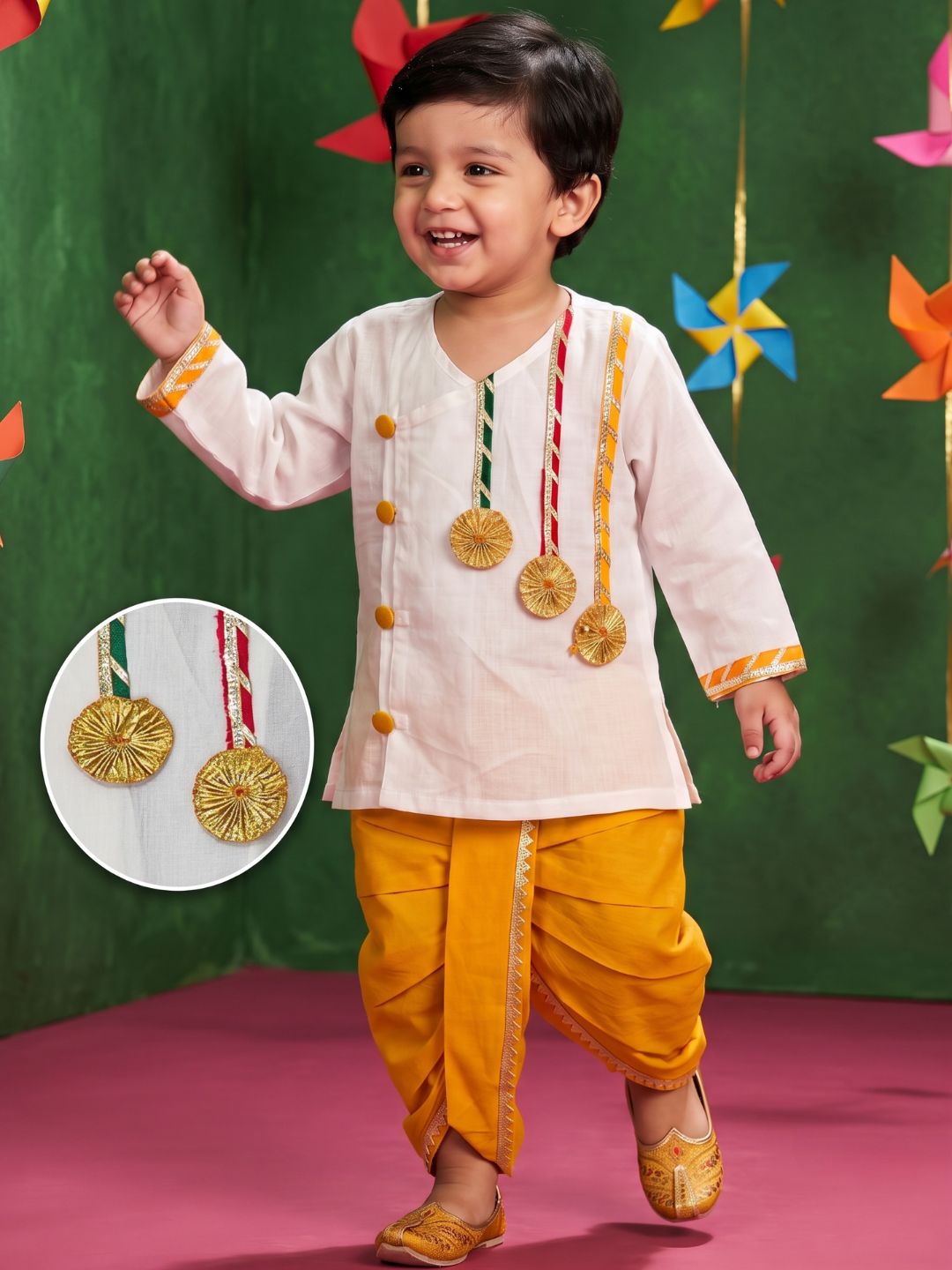 White & Mustard Solid Cotton Dhoti Kurta Set For Boys