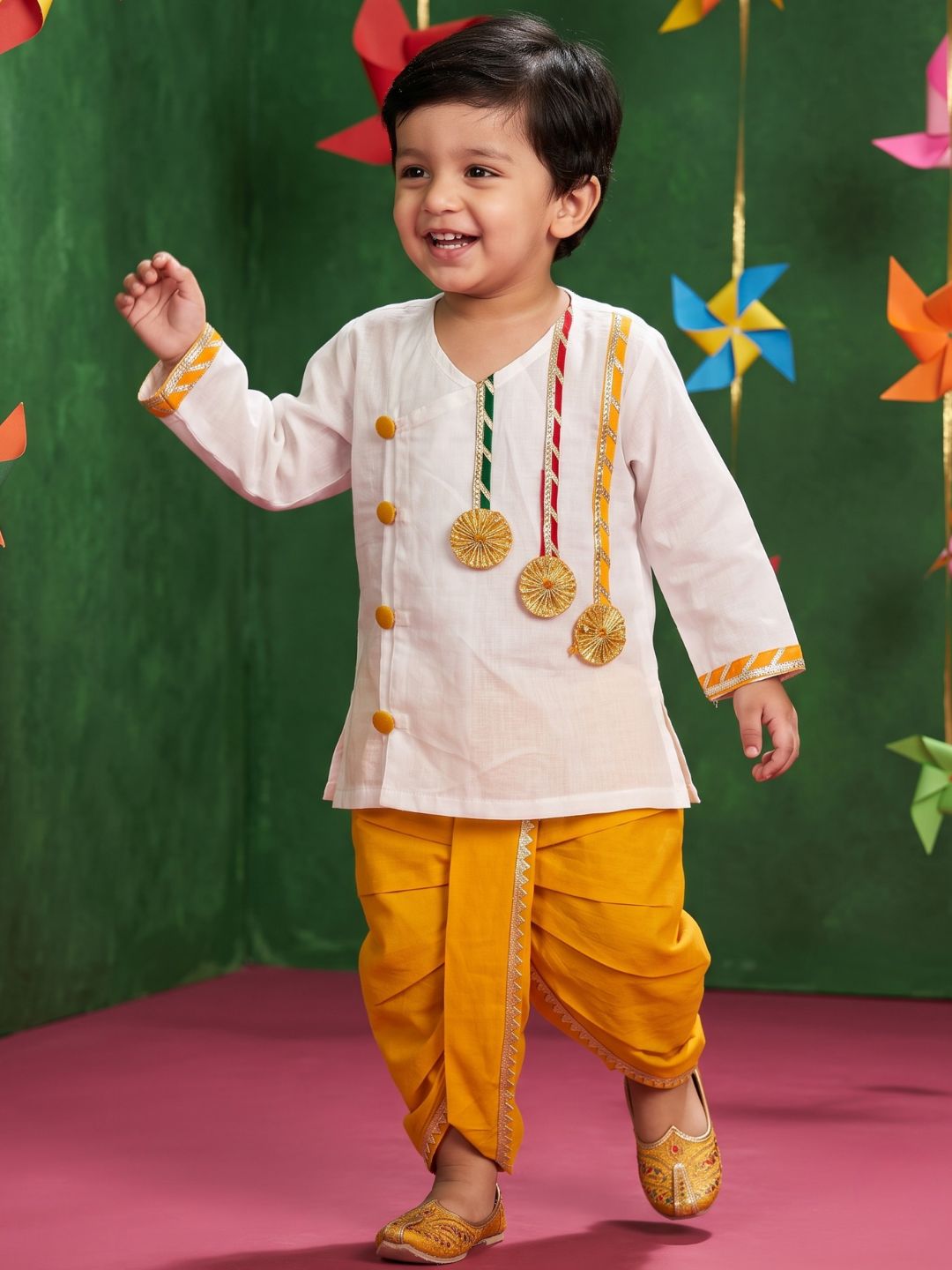 White & Mustard Solid Cotton Dhoti Kurta Set For Boys