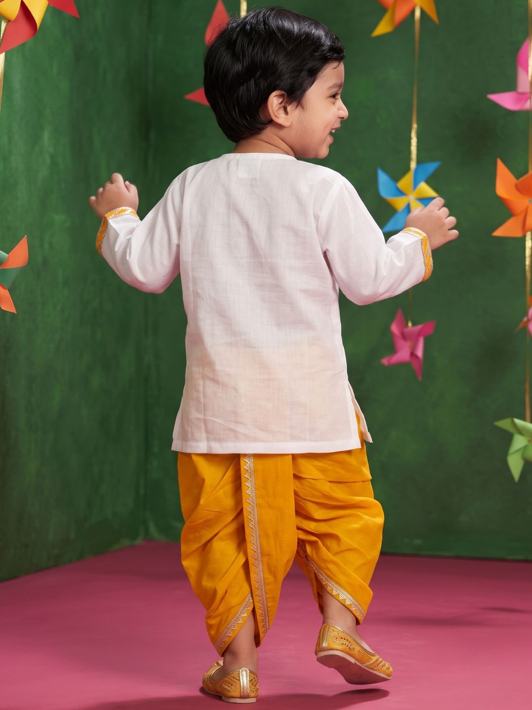 White & Mustard Solid Cotton Dhoti Kurta Set For Boys