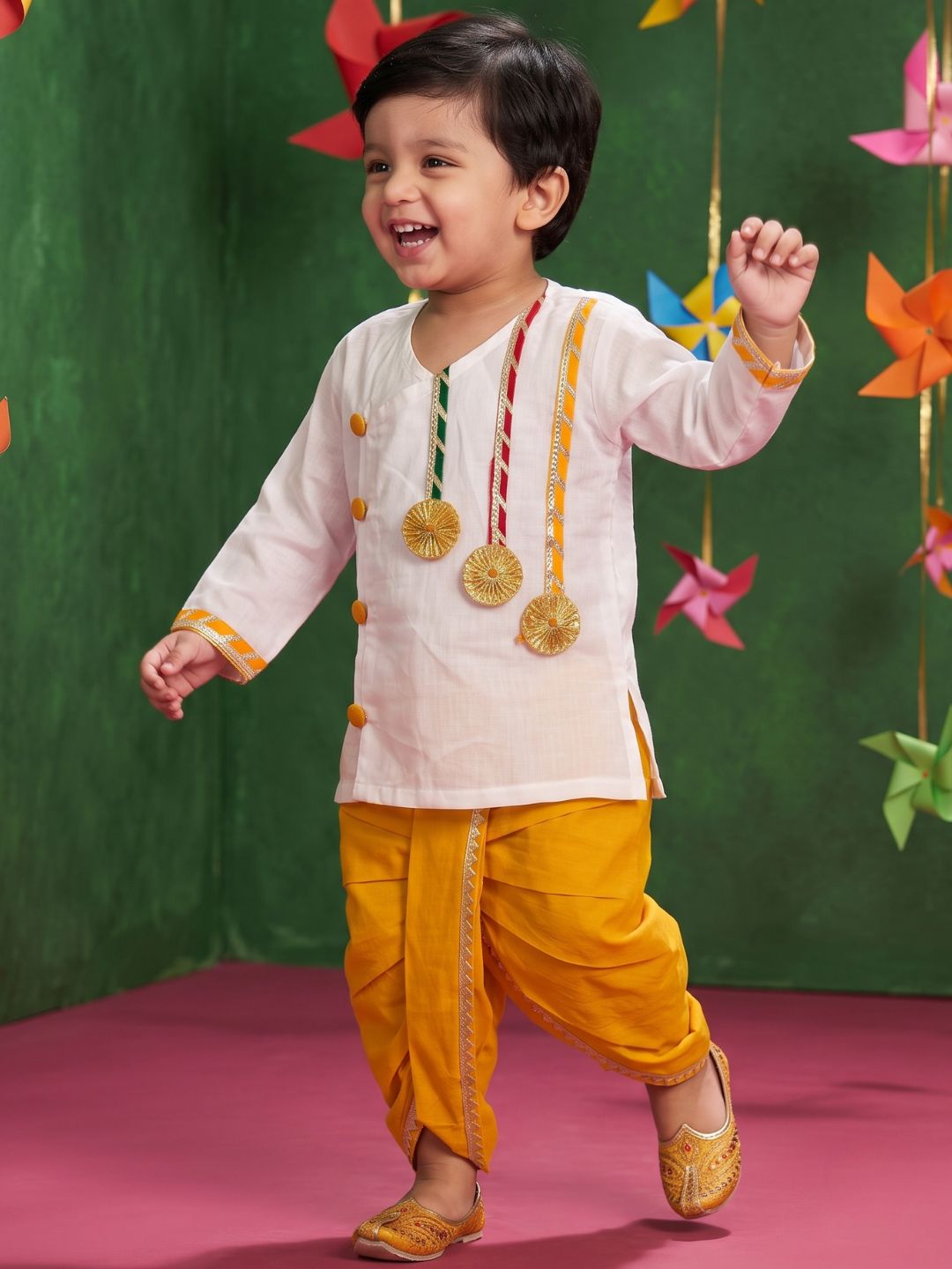 White & Mustard Solid Cotton Dhoti Kurta Set For Boys