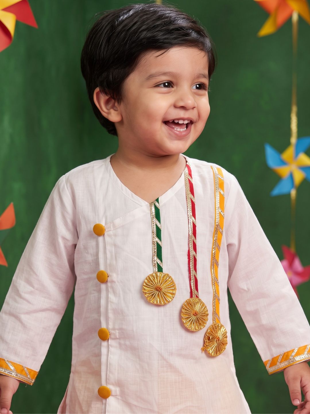 White & Mustard Solid Cotton Dhoti Kurta Set For Boys