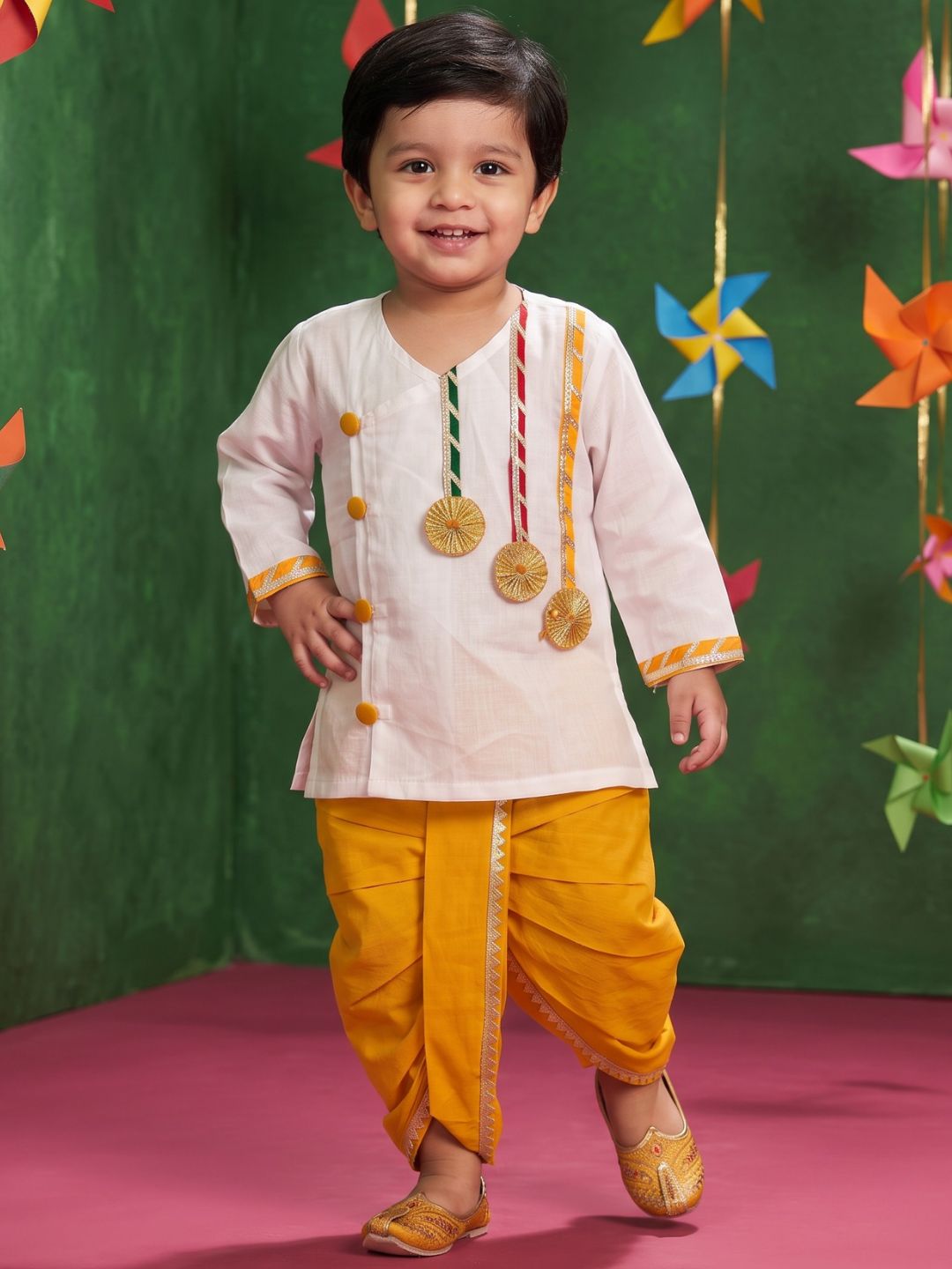 White & Mustard Solid Cotton Dhoti Kurta Set For Boys