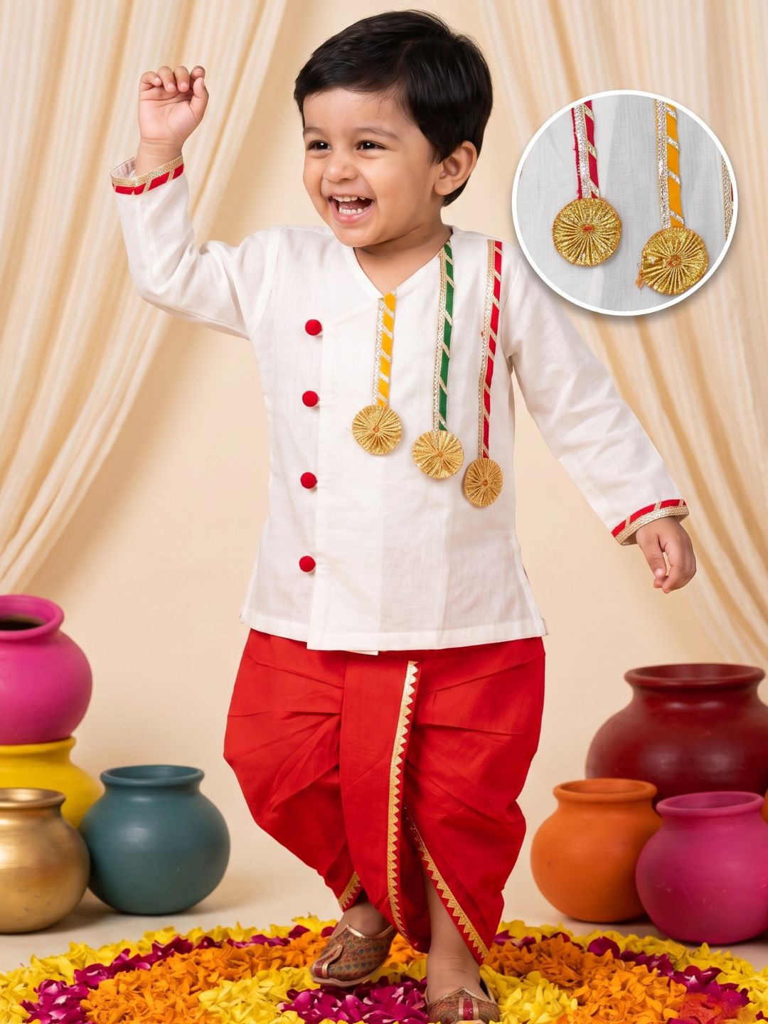 White & Red Solid Cotton Angarkha Dhoti Kurta Set For Boys