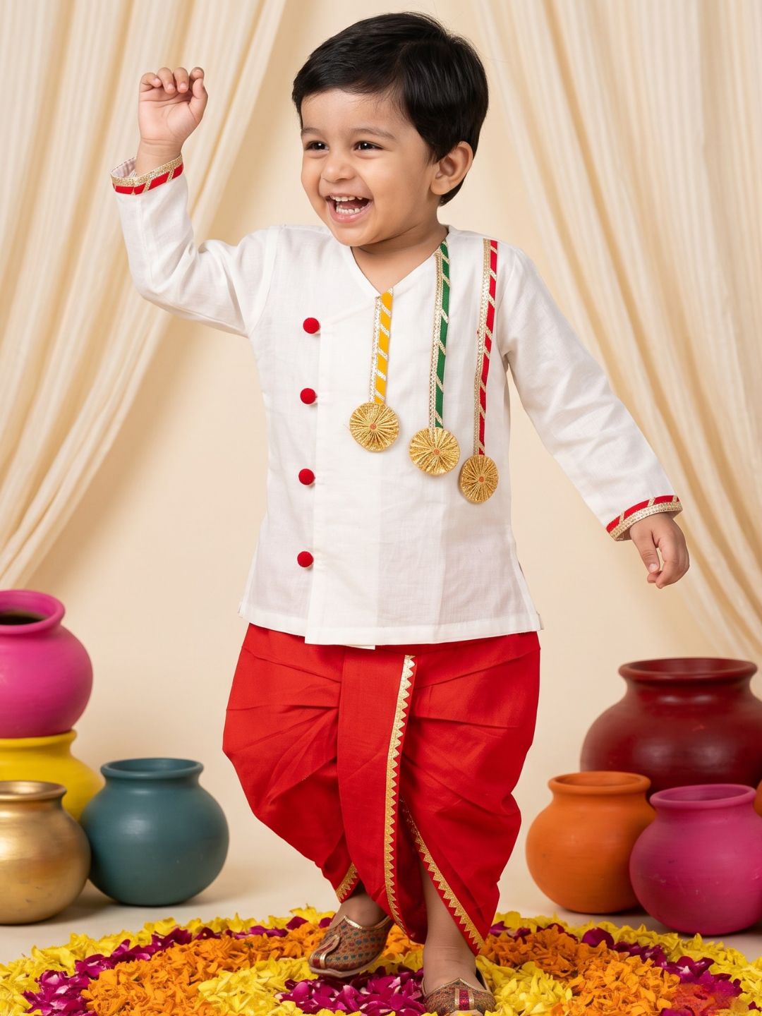 White & Red Solid Cotton Angarkha Dhoti Kurta Set For Boys
