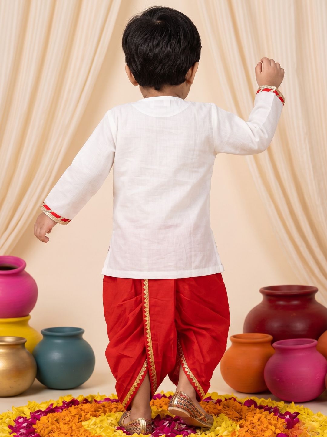 White & Red Solid Cotton Angarkha Dhoti Kurta Set For Boys