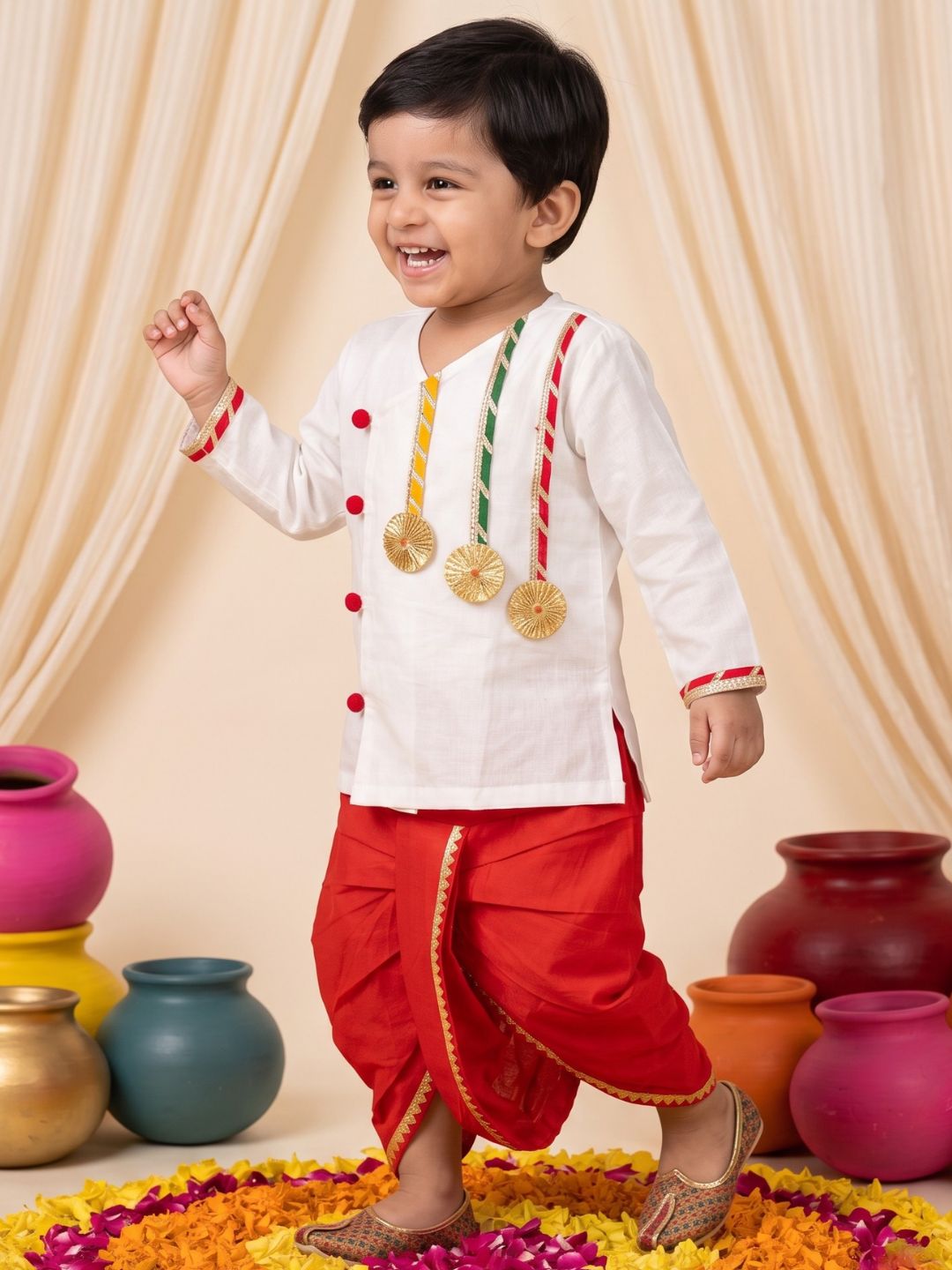 White & Red Solid Cotton Angarkha Dhoti Kurta Set For Boys