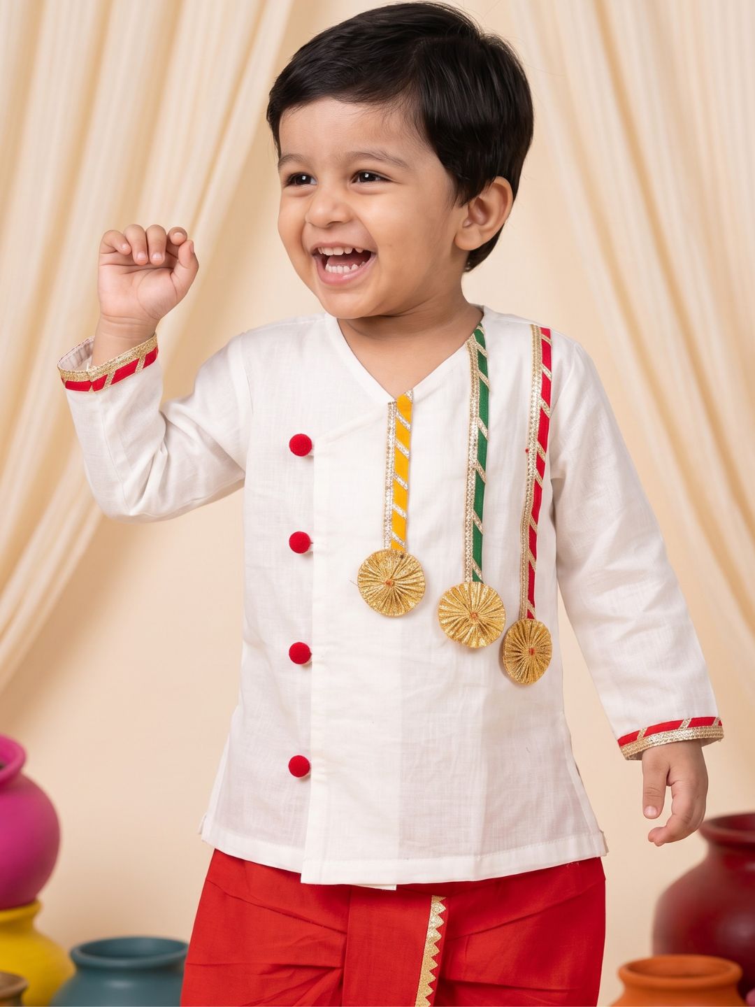 White & Red Solid Cotton Angarkha Dhoti Kurta Set For Boys