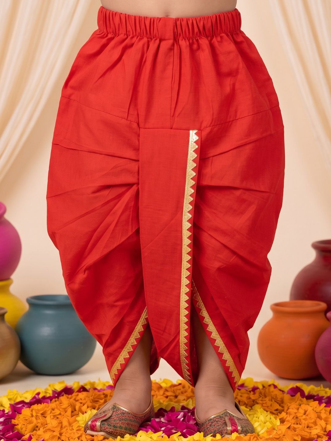 White & Red Solid Cotton Angarkha Dhoti Kurta Set For Boys
