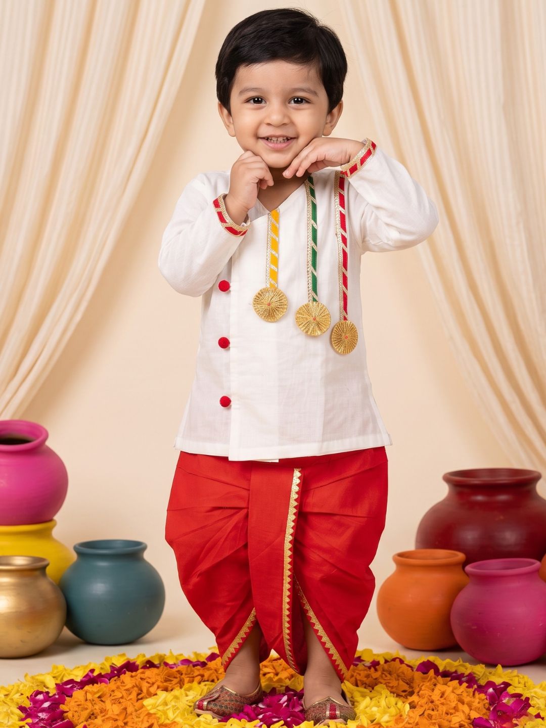 White & Red Solid Cotton Angarkha Dhoti Kurta Set For Boys