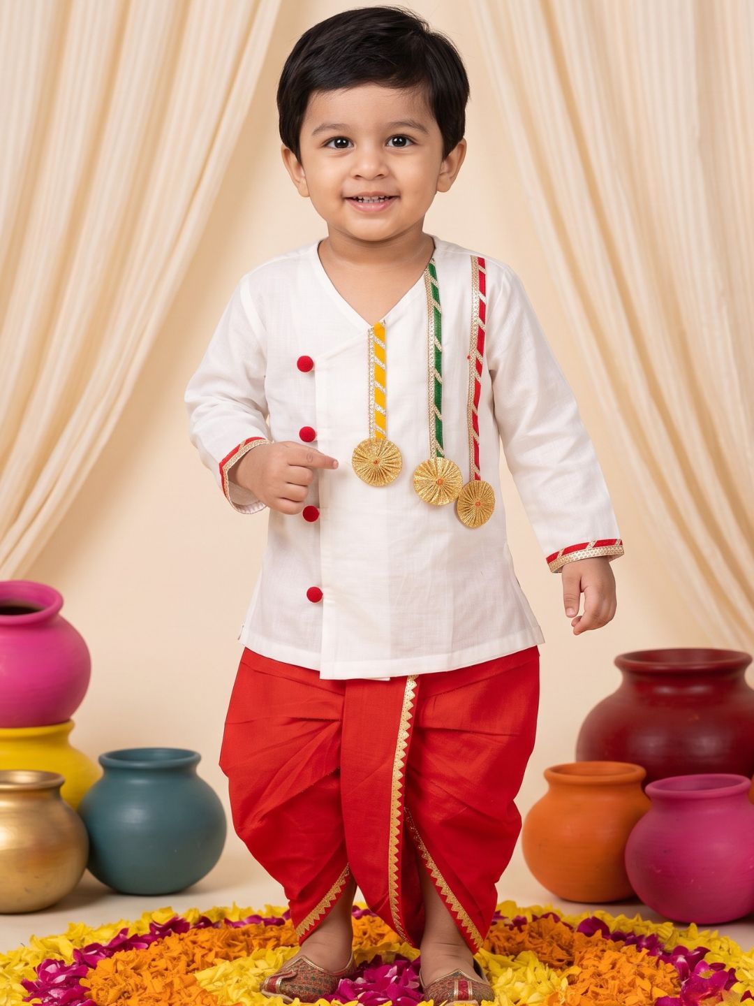 White & Red Solid Cotton Angarkha Dhoti Kurta Set For Boys