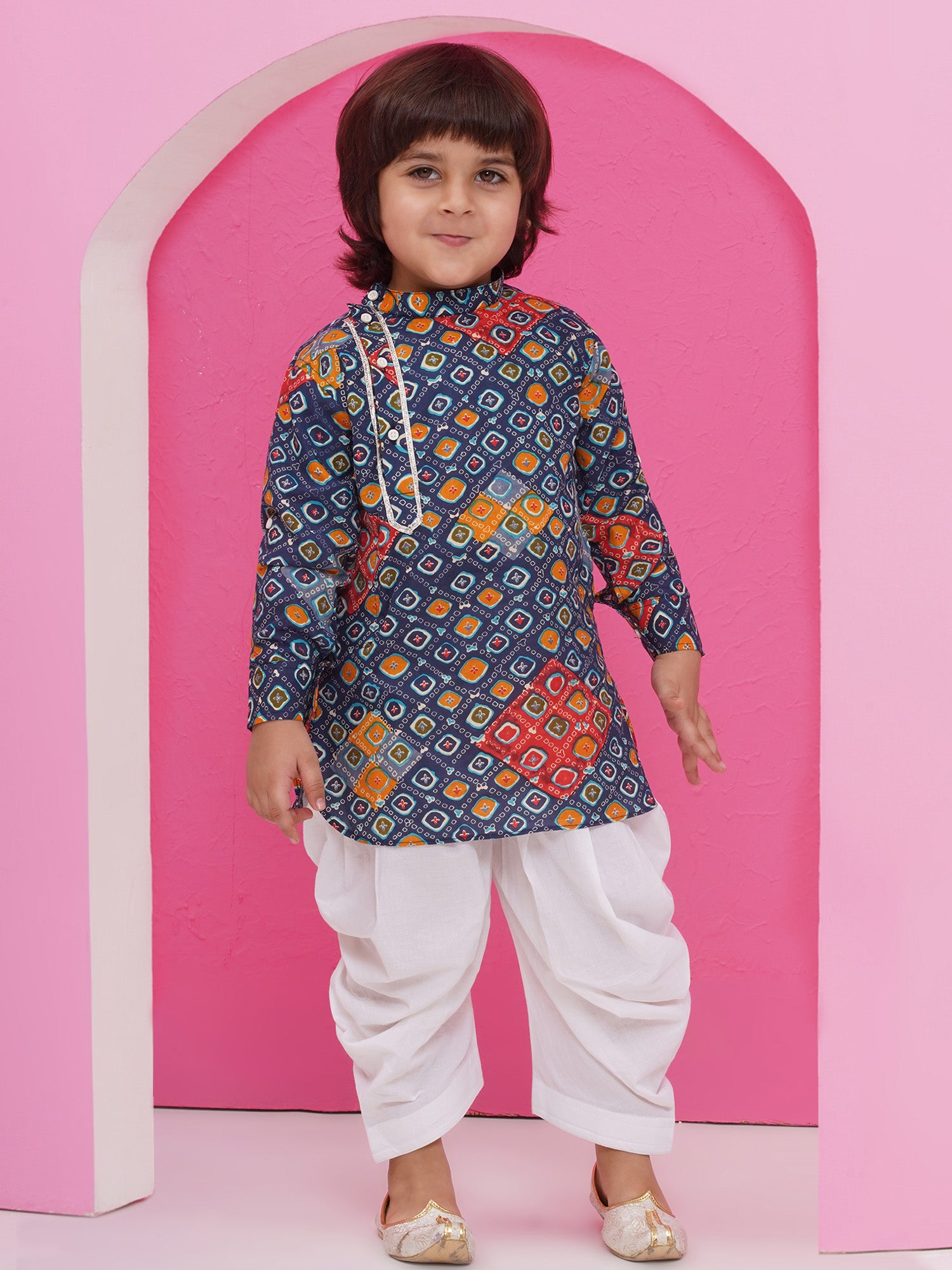Dark Blue Cotton Full Sleeves Printed Kurta Pyjama Set For Boys