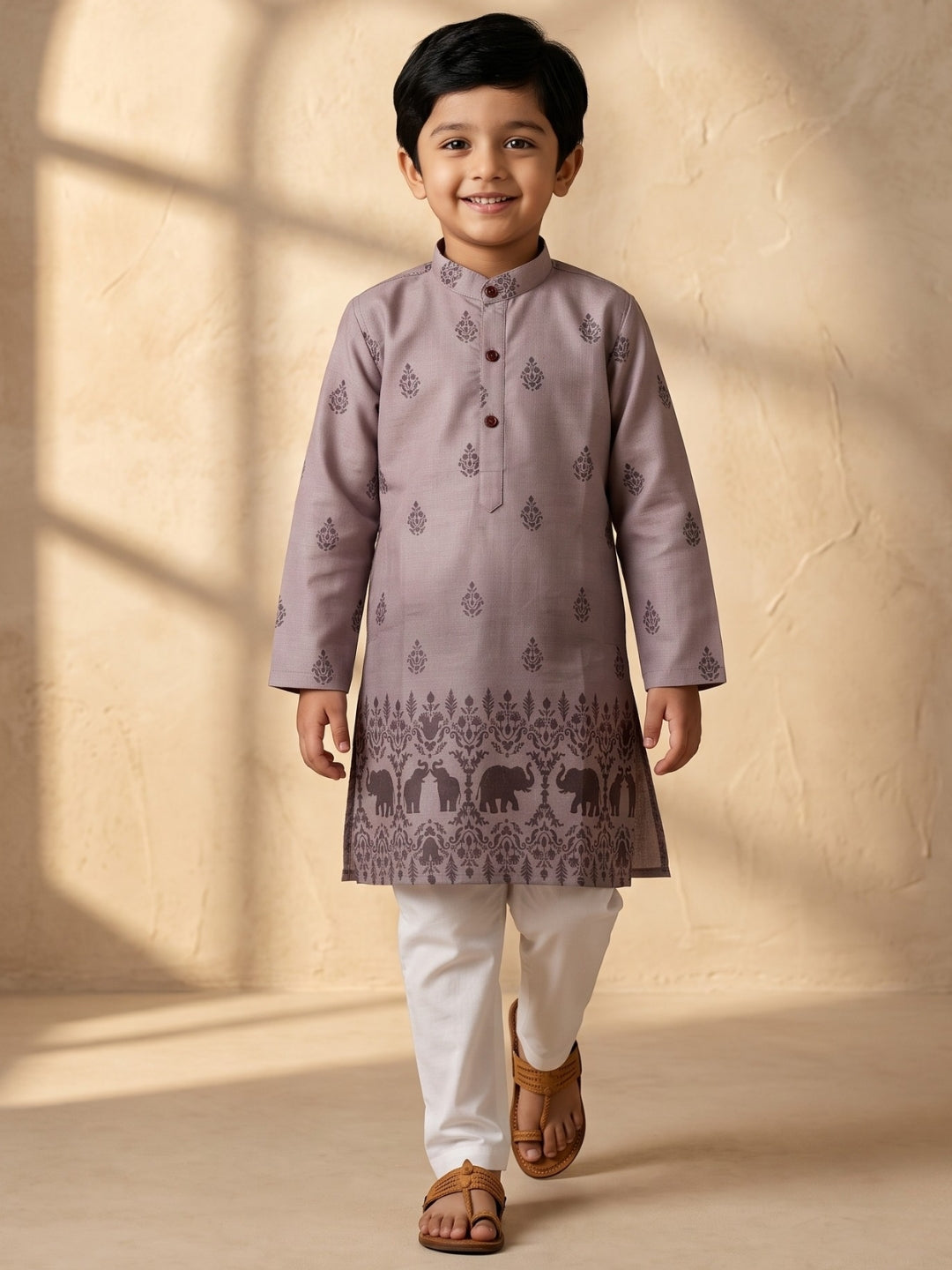 AJ Dezines Mauve Elephant Printed Cotton Blend Kurta Pyjama Set For Boys