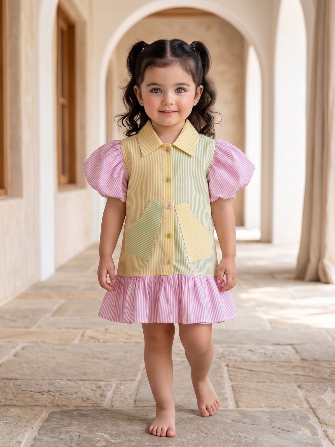AJ Dezines Pink Stripes Cotton Frocks For Girls