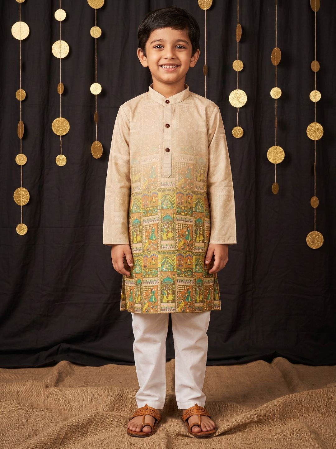 AJ Dezines Yellow Ethnic Print Cotton Blend Kurta Pyjama Set For Boys
