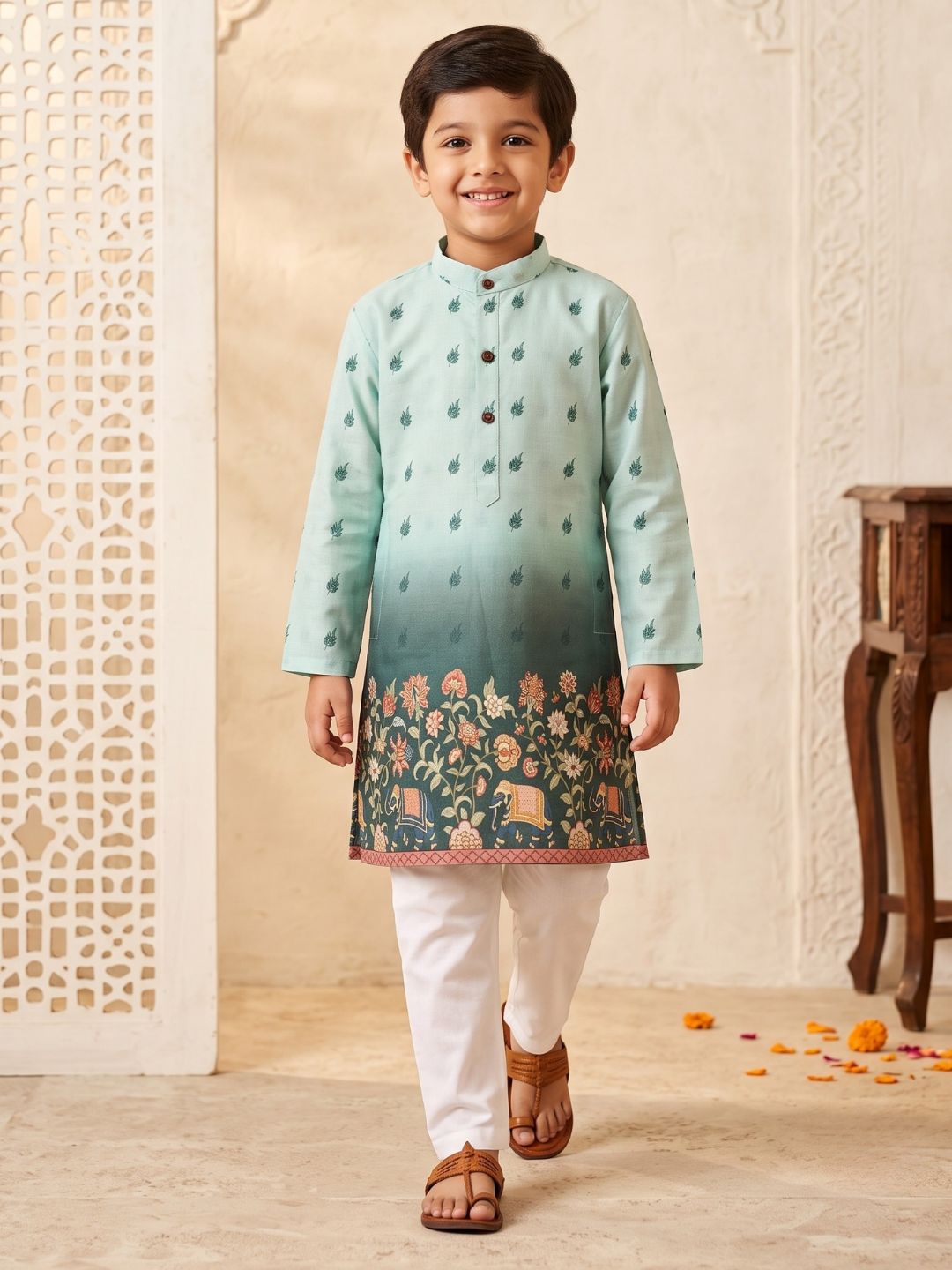 AJ Dezines Green Floral Elephant Printed Cotton Blend Kurta Pyjama Set For Boys
