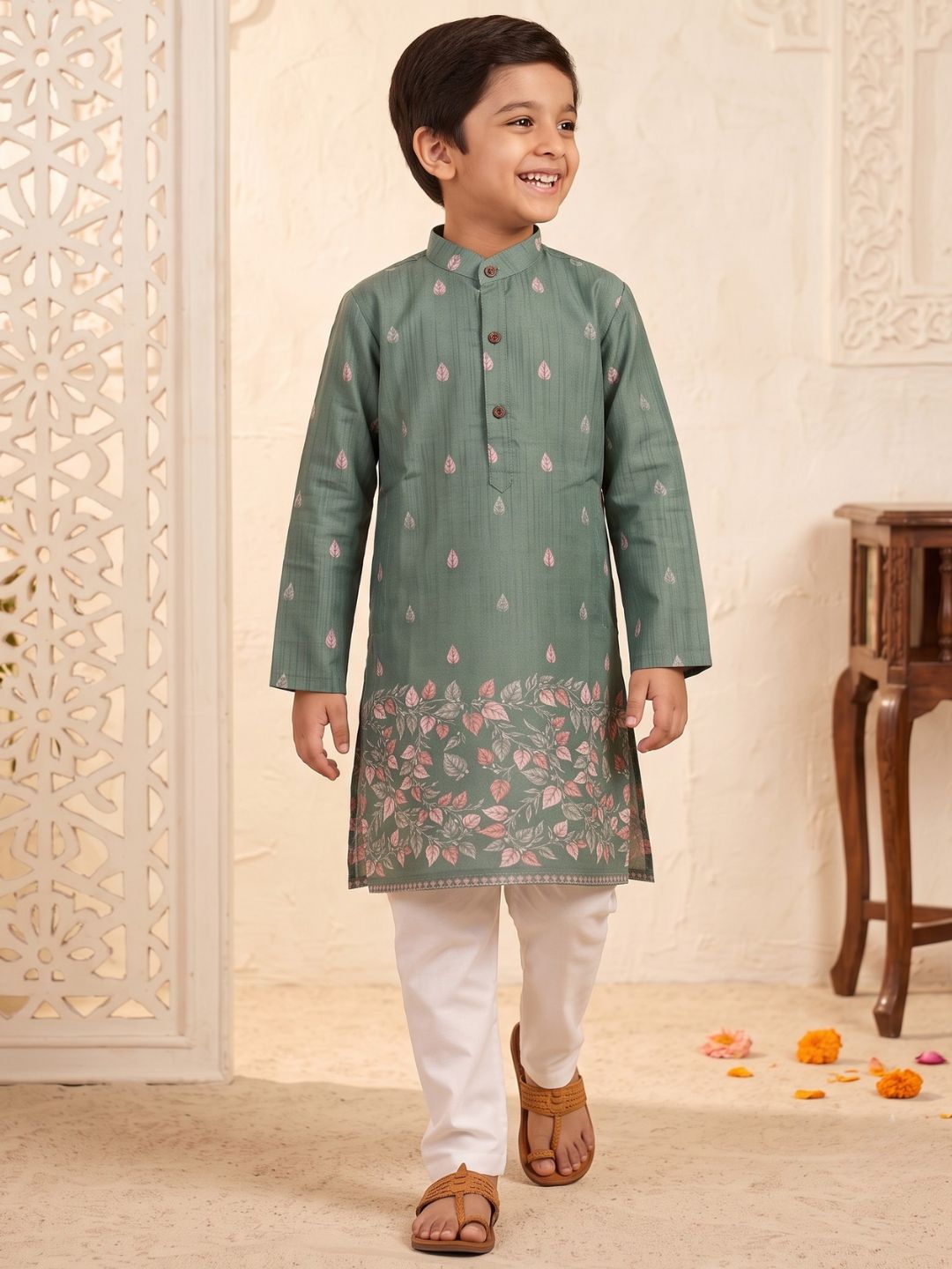 AJ Dezines Green Leaf Print Cotton Blend Kurta Pyjama Set For Boys