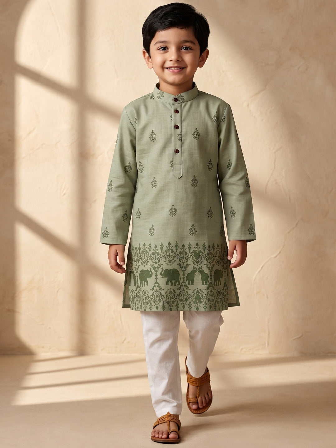 AJ Dezines Green Elephant Printed Cotton Blend Kurta Pyjama Set For Boys