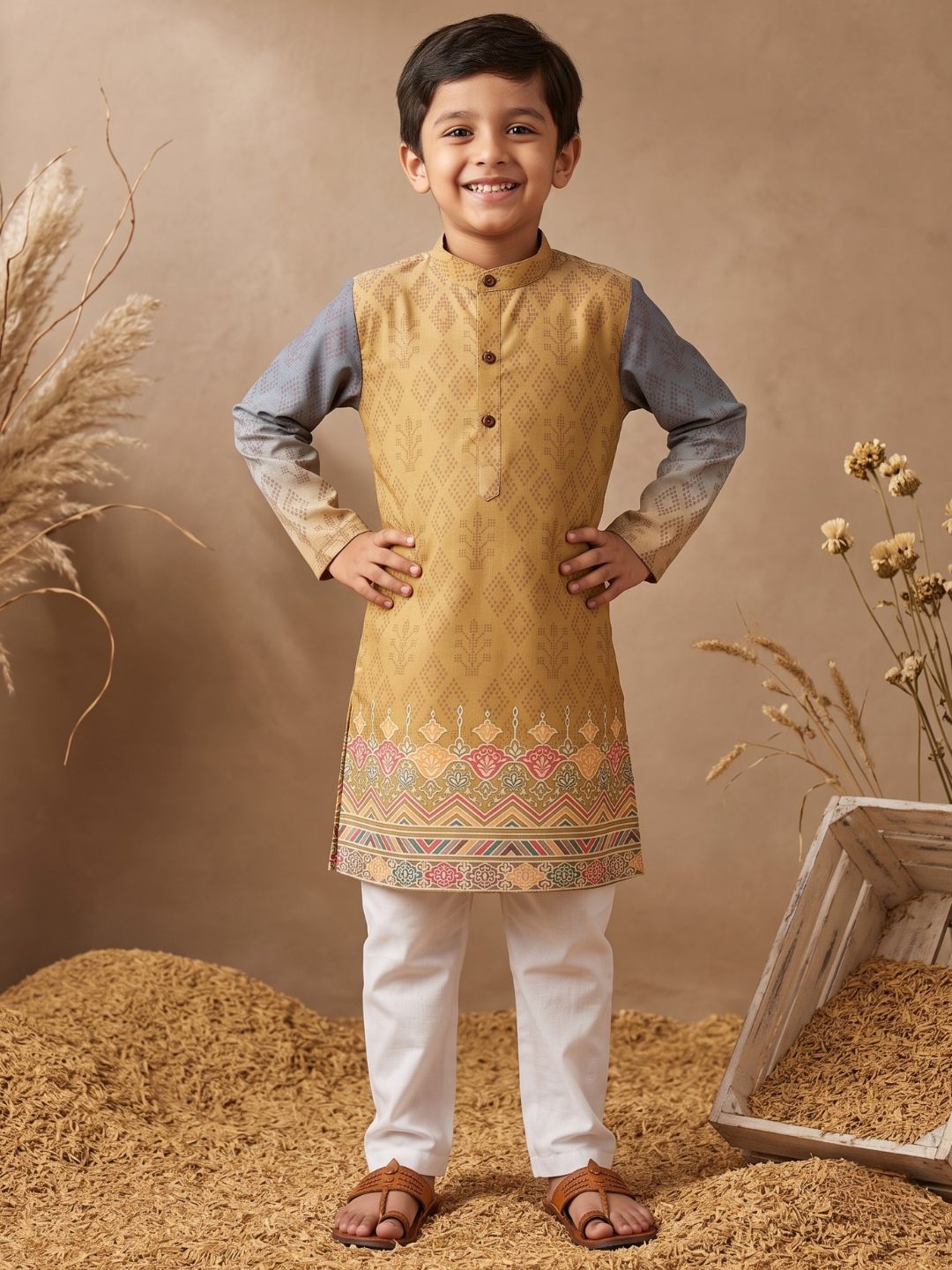 AJ Dezines Mustard Ethnic Print Cotton Blend Kurta Pyjama Set For Boys