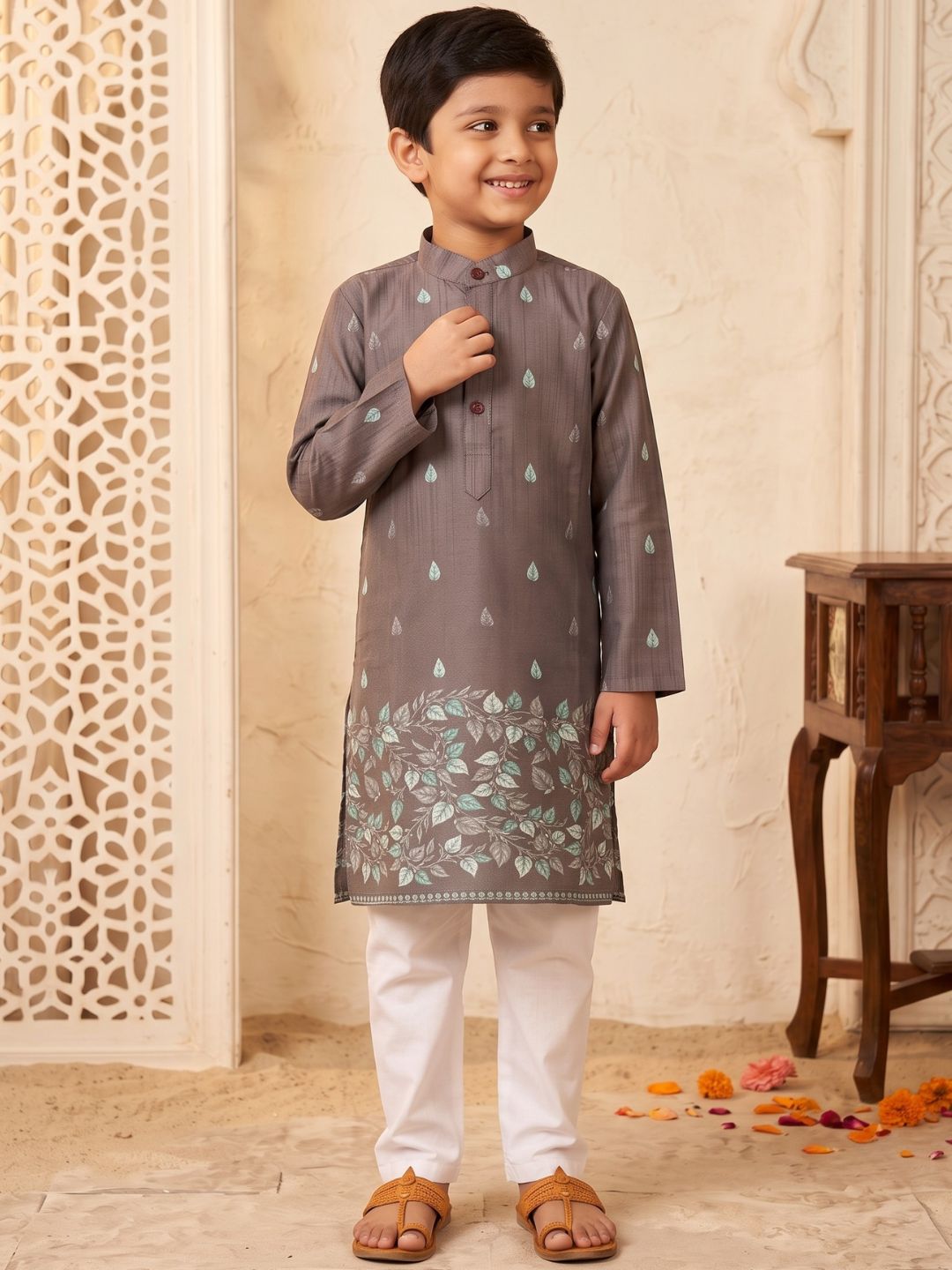 AJ Dezines Brown Leaf Print Cotton Blend Kurta Pyjama Set For Boys