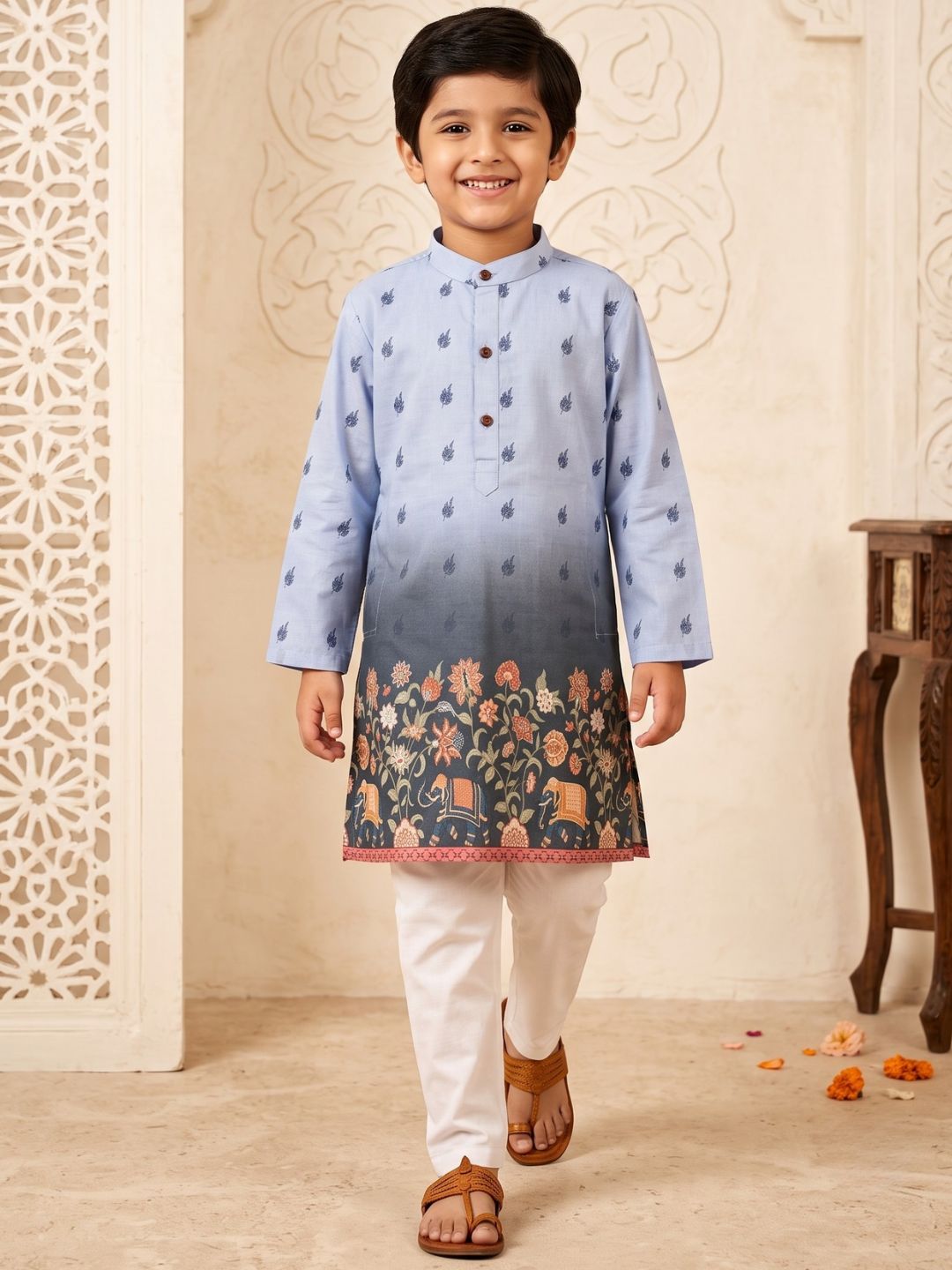 AJ Dezines Blue Floral Elephant Printed Cotton Blend Kurta Pyjama Set For Boys