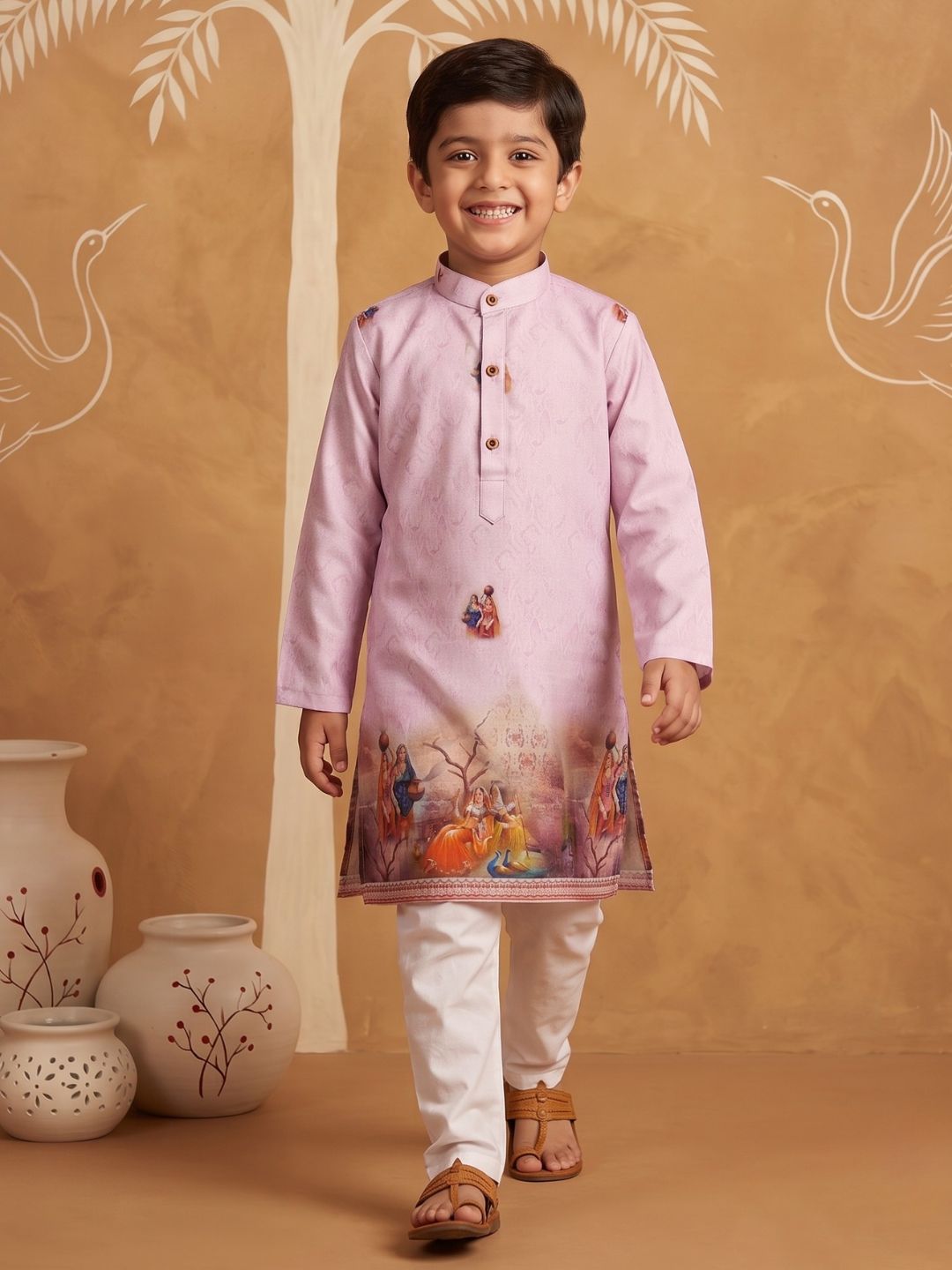AJ Dezines Pink Mythological Print Cotton Blend Kurta Pyjama Set For Boys
