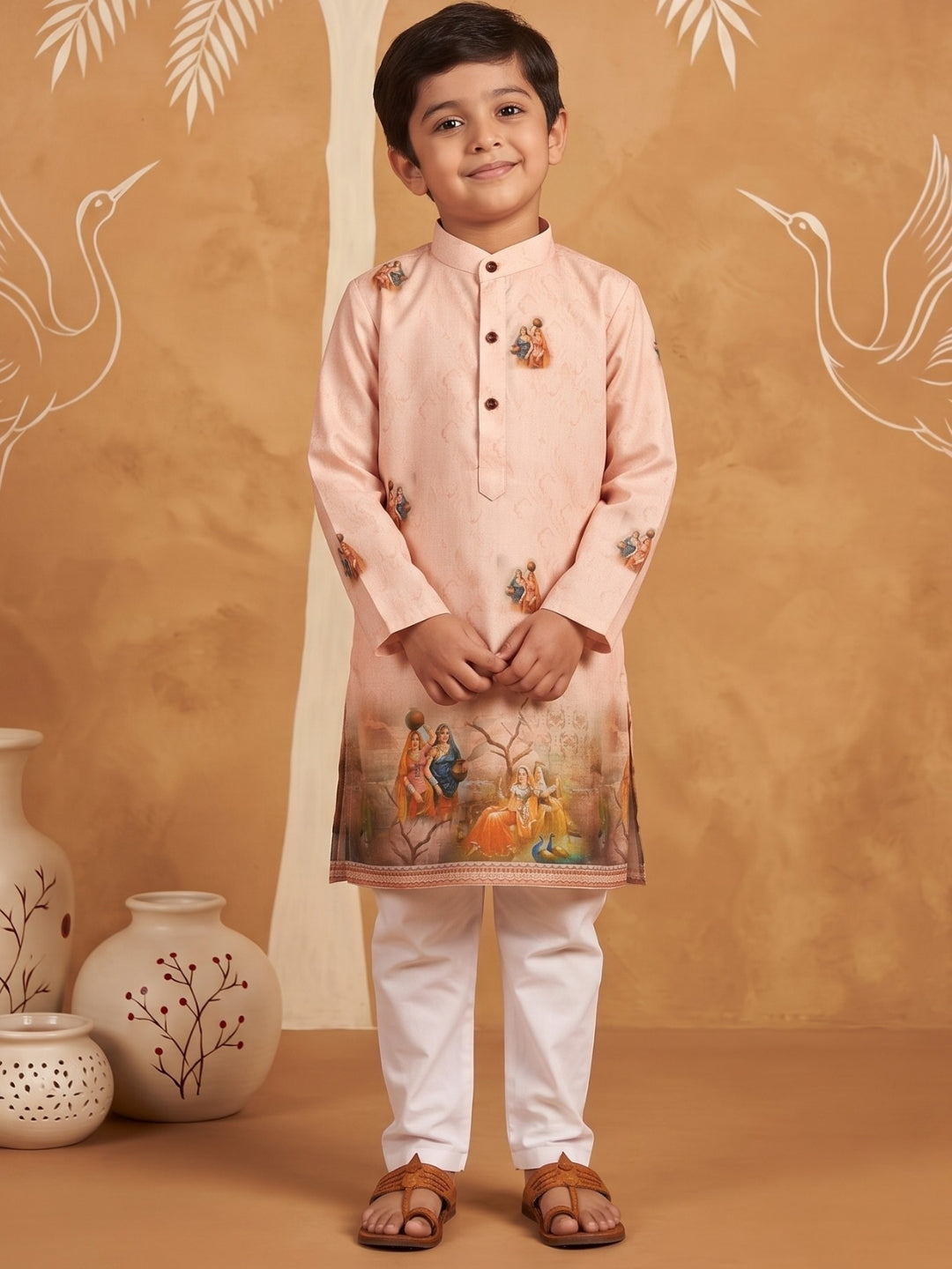 AJ Dezines Peach Mythological Print Cotton Blend Kurta Pyjama Set For Boys